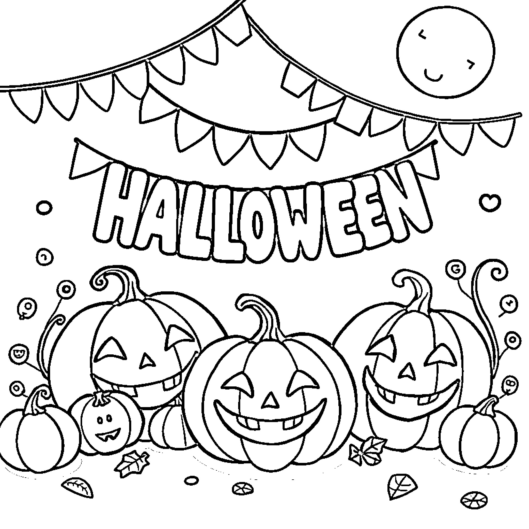 Halloween Pumpkins and Festive Decorations Coloring Page (free black-and-white line drawing printable PDF for all, from beginners to advanced learners, including children, teens, adults, and seniors)