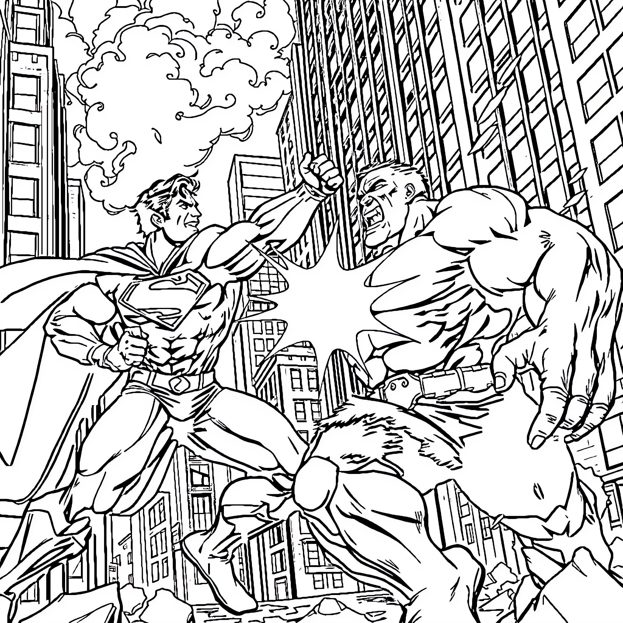 Superman confronting a powerful foe in the city Coloring Page (free black-and-white line drawing printable PDF for all, from beginners to advanced learners, including children, teens, adults, and seniors)