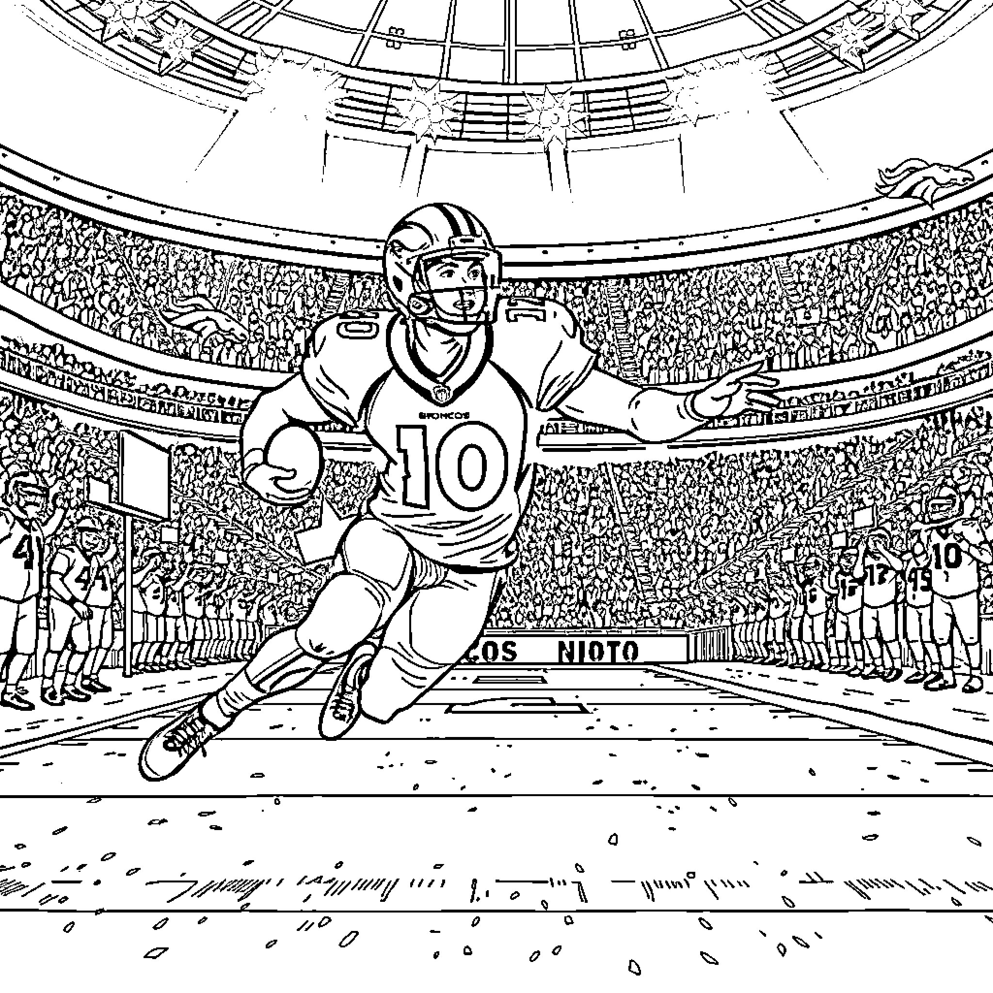 Bo Nix Sprints Down the Field in Stadium Coloring Page (free black-and-white line drawing printable PDF for all, from beginners to advanced learners, including children, teens, adults, and seniors)
