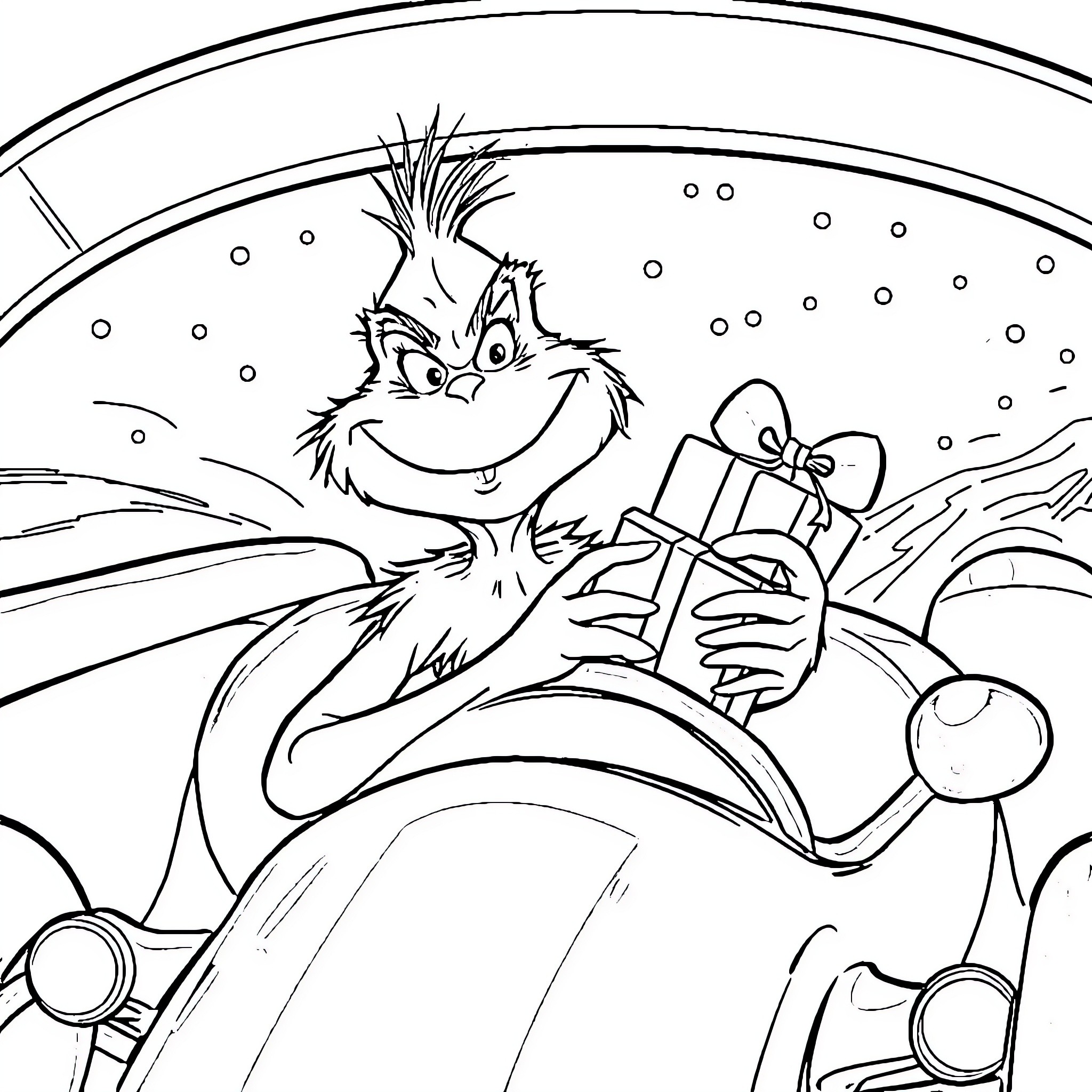 Grinch enjoying a snowy Christmas gift Coloring Page (free black-and-white line drawing printable PDF for all, from beginners to advanced learners, including children, teens, adults, and seniors)