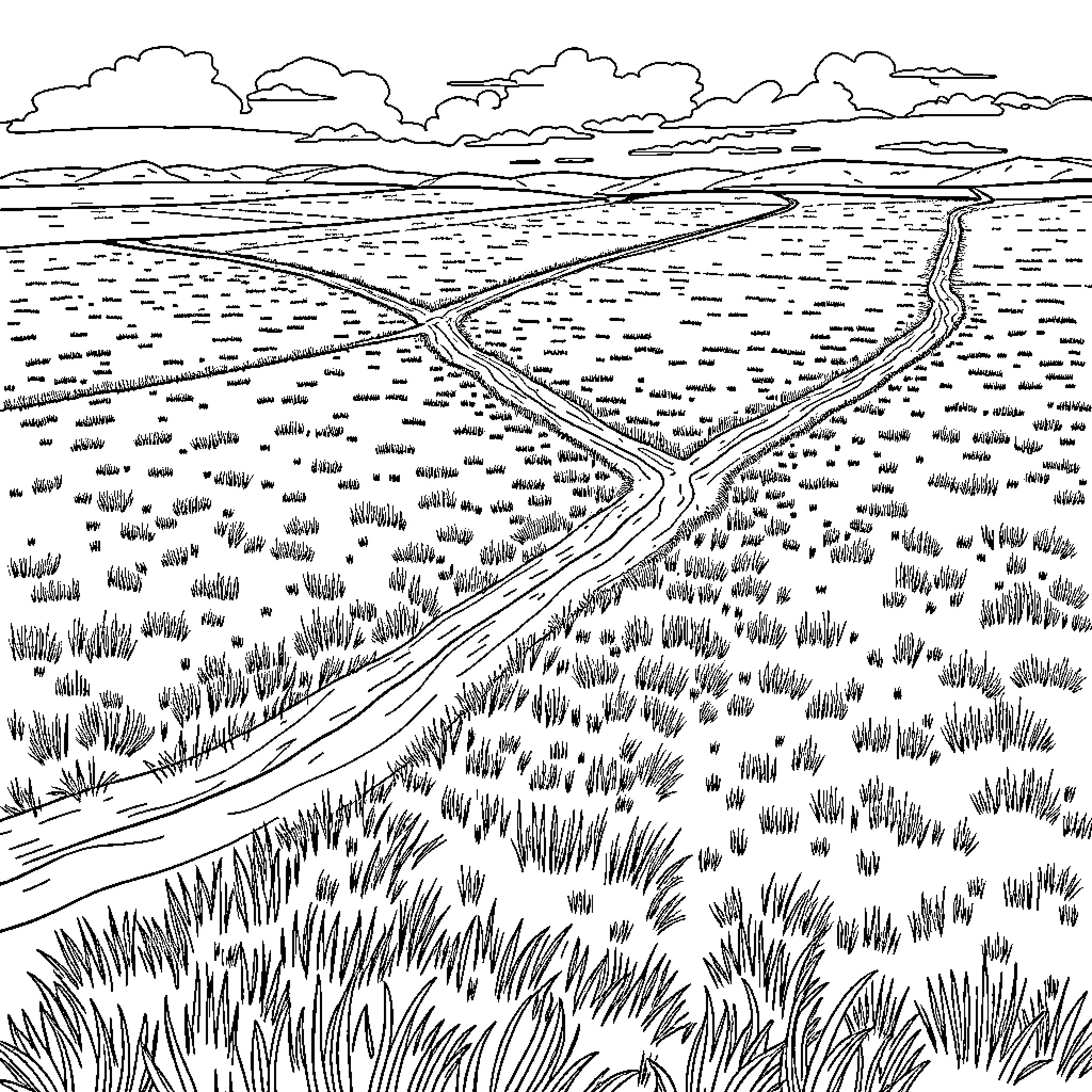 Field with Winding Paths and Vast Landscape Coloring Page (free black-and-white line drawing printable PDF for all, from beginners to advanced learners, including children, teens, adults, and seniors)
