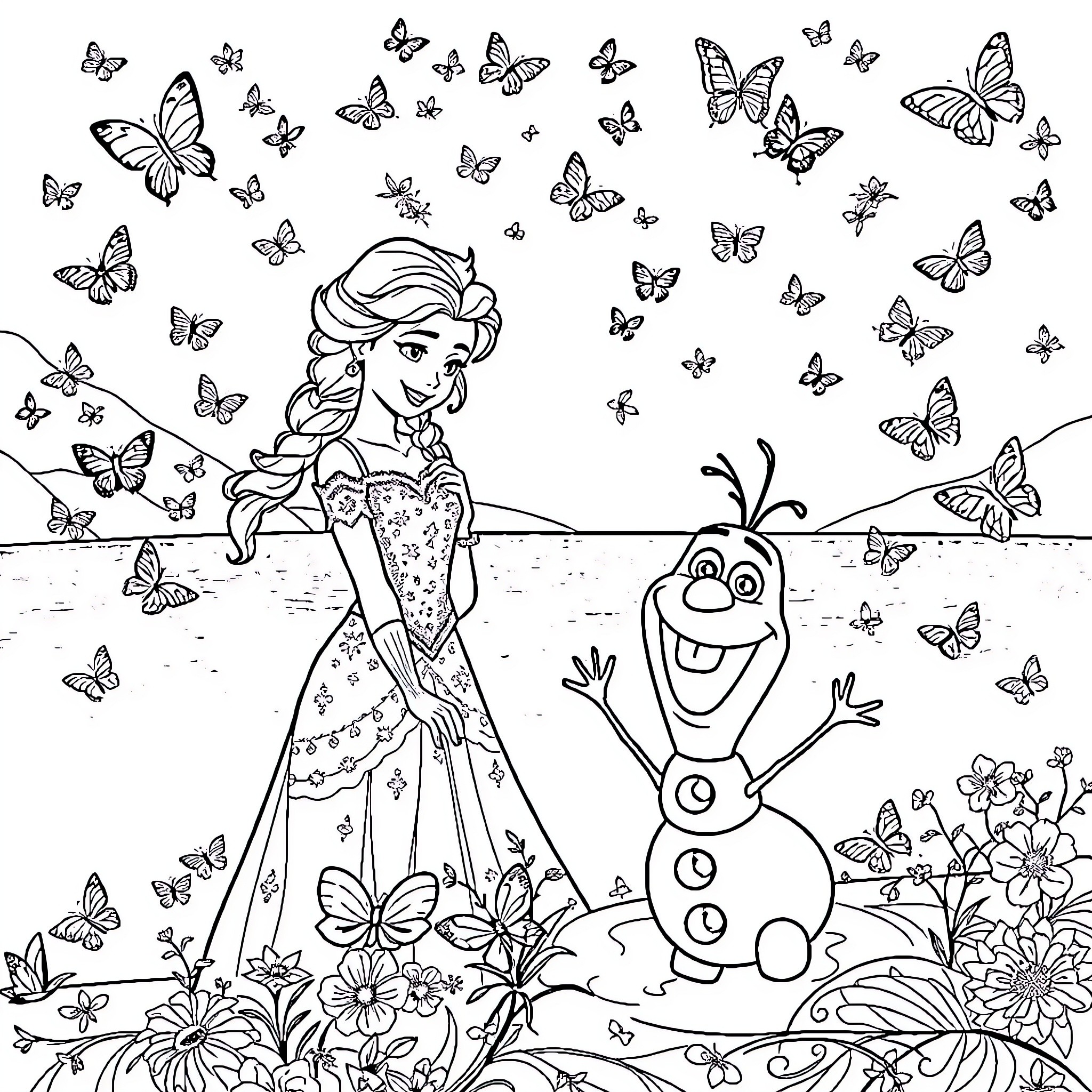 Princess enjoying the Butterfly Garden with Olaf Coloring Page (free black-and-white line drawing printable PDF for all, from beginners to advanced learners, including children, teens, adults, and seniors)