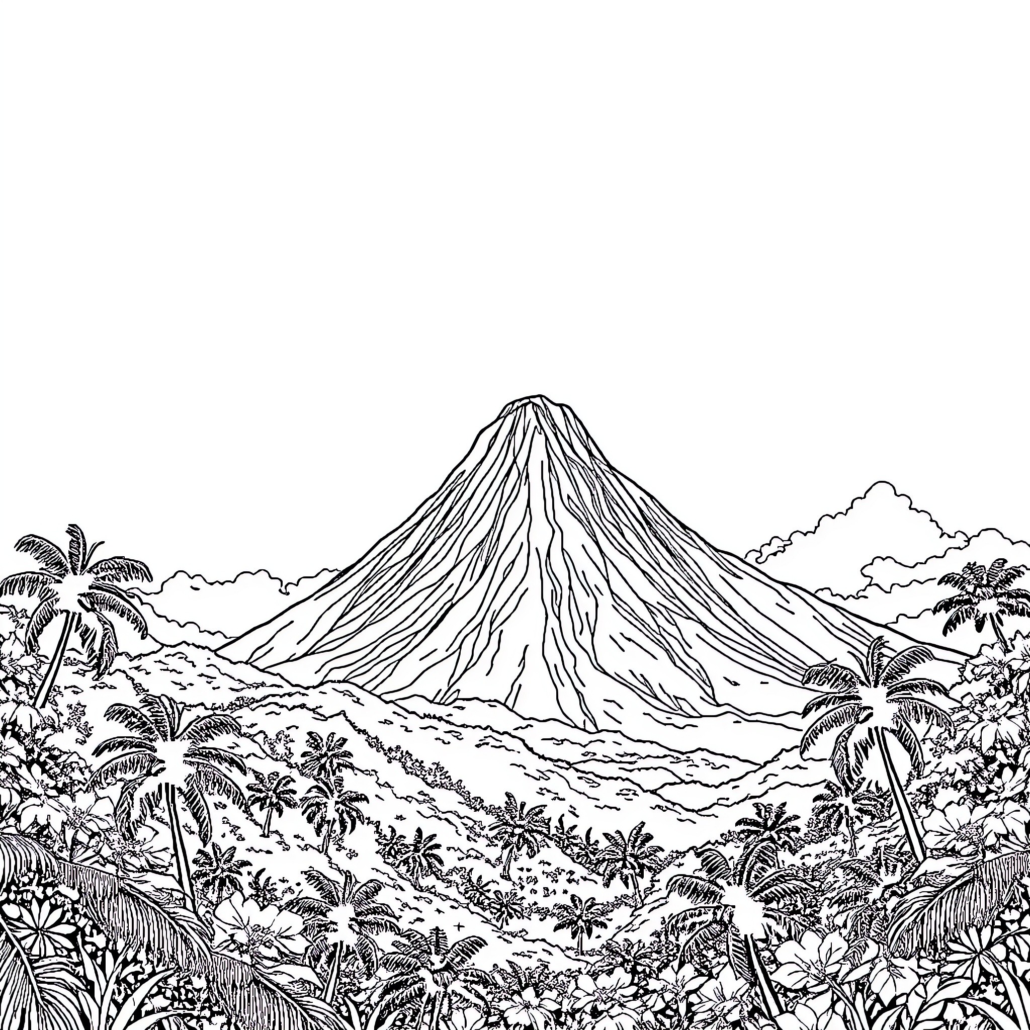 Volcano erupting amidst lush tropical landscape Coloring Page (free black-and-white line drawing printable PDF for all, from beginners to advanced learners, including children, teens, adults, and seniors)