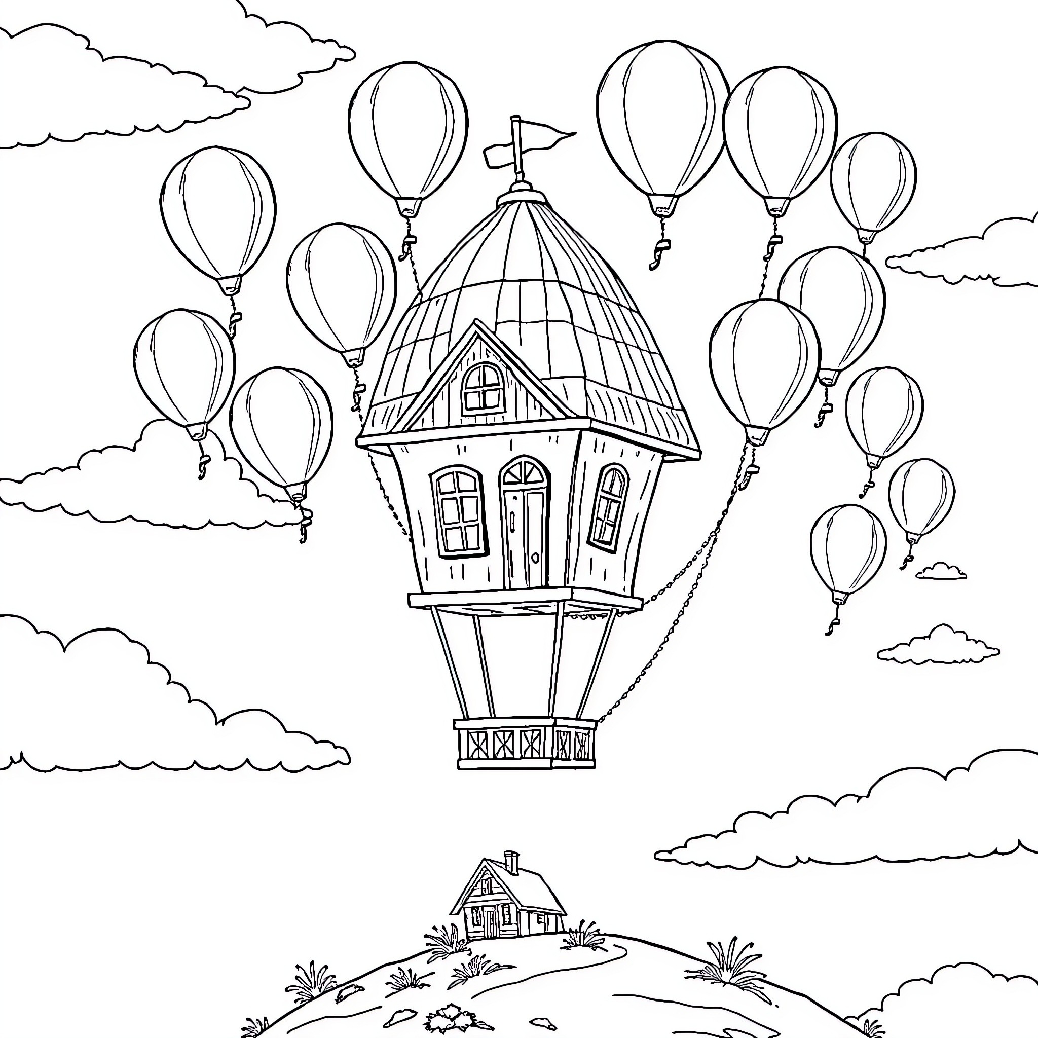 House floating with hot air balloons in the sky Coloring Page (free black-and-white line drawing printable PDF for all, from beginners to advanced learners, including children, teens, adults, and seniors)