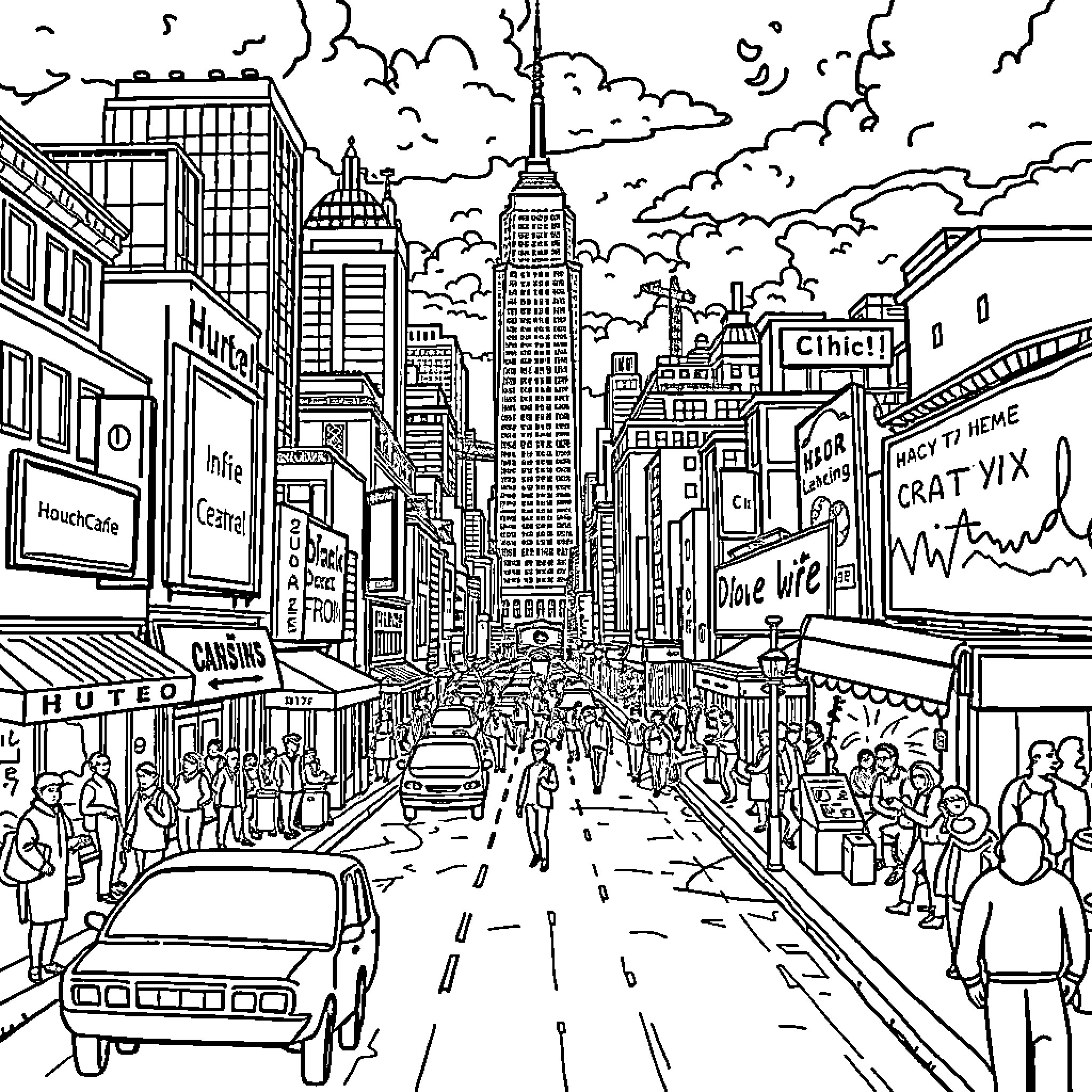 Hunteix Bustling City Scene with Crowds and Buildings Coloring Page (free black-and-white line drawing printable PDF for all, from beginners to advanced learners, including children, teens, adults, and seniors)
