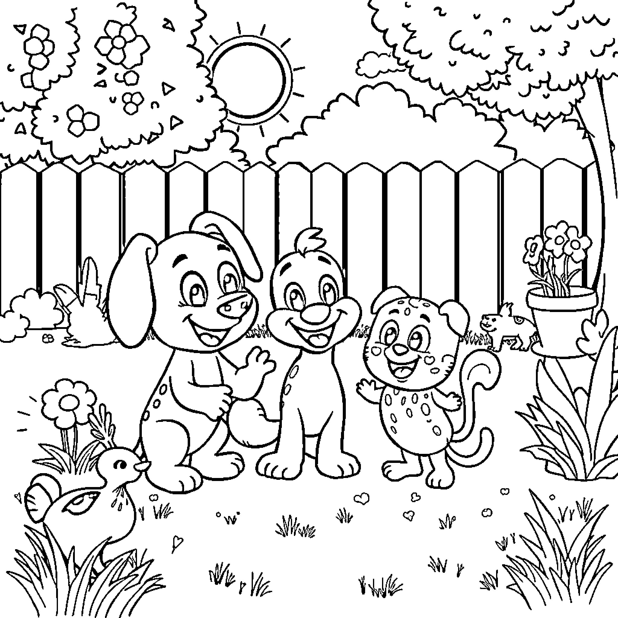 Bluey's Playful Friends in the Garden Coloring Page (free black-and-white line drawing printable PDF for all, from beginners to advanced learners, including children, teens, adults, and seniors)