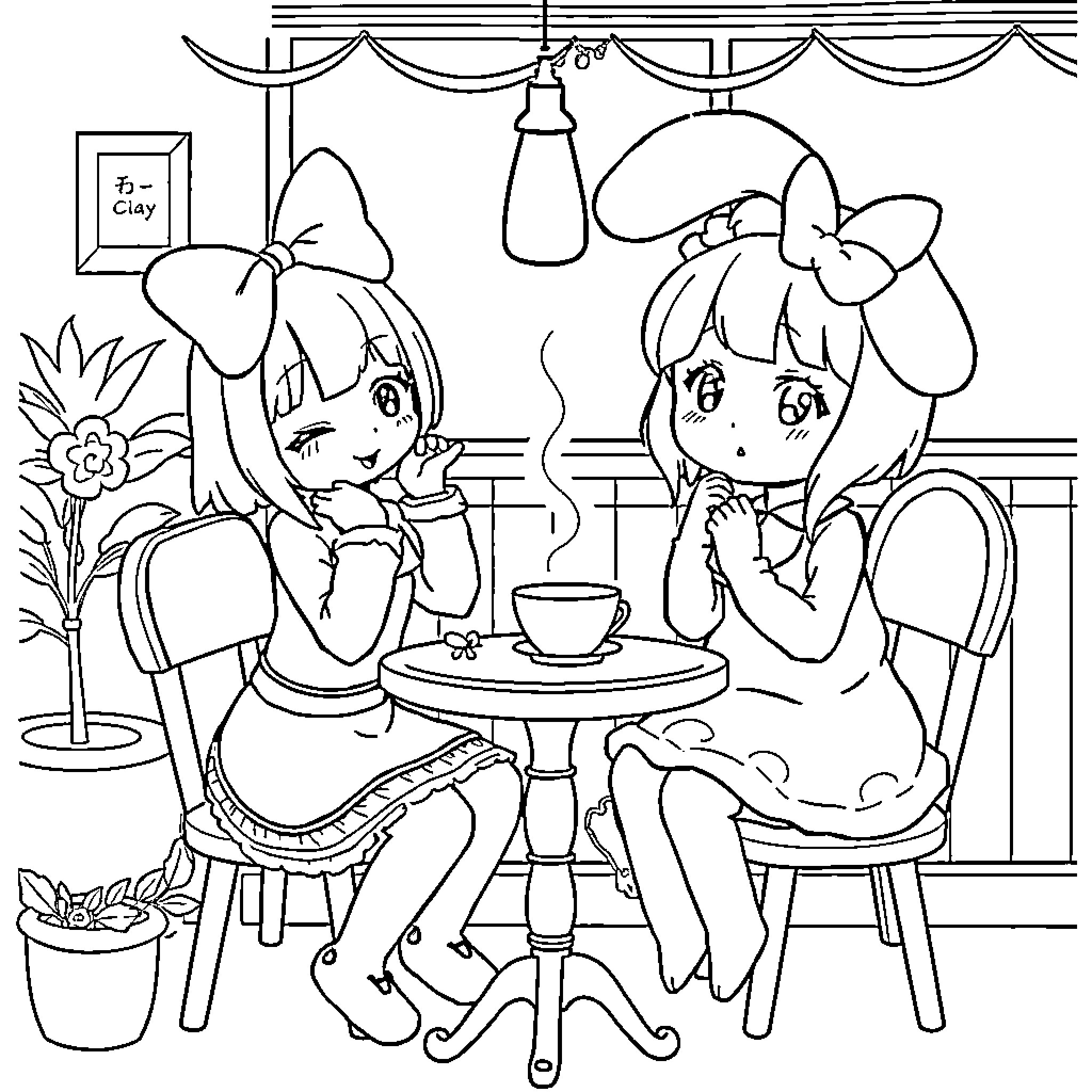 My Melody: Friends Enjoying Tea Time Together Coloring Page (free black-and-white line drawing printable PDF for all, from beginners to advanced learners, including children, teens, adults, and seniors)