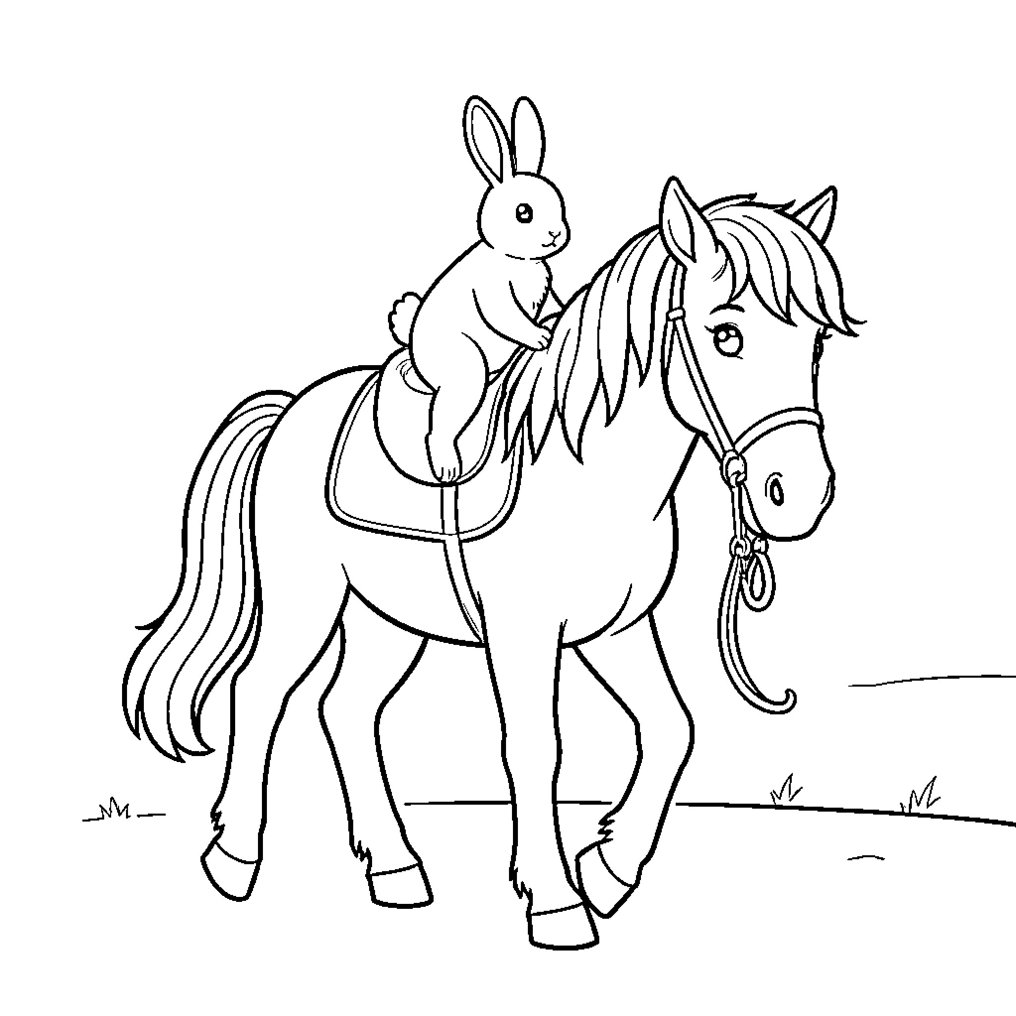 Pony carrying a small bunny on its back Coloring Page (free black-and-white line drawing printable PDF for all, from beginners to advanced learners, including children, teens, adults, and seniors)
