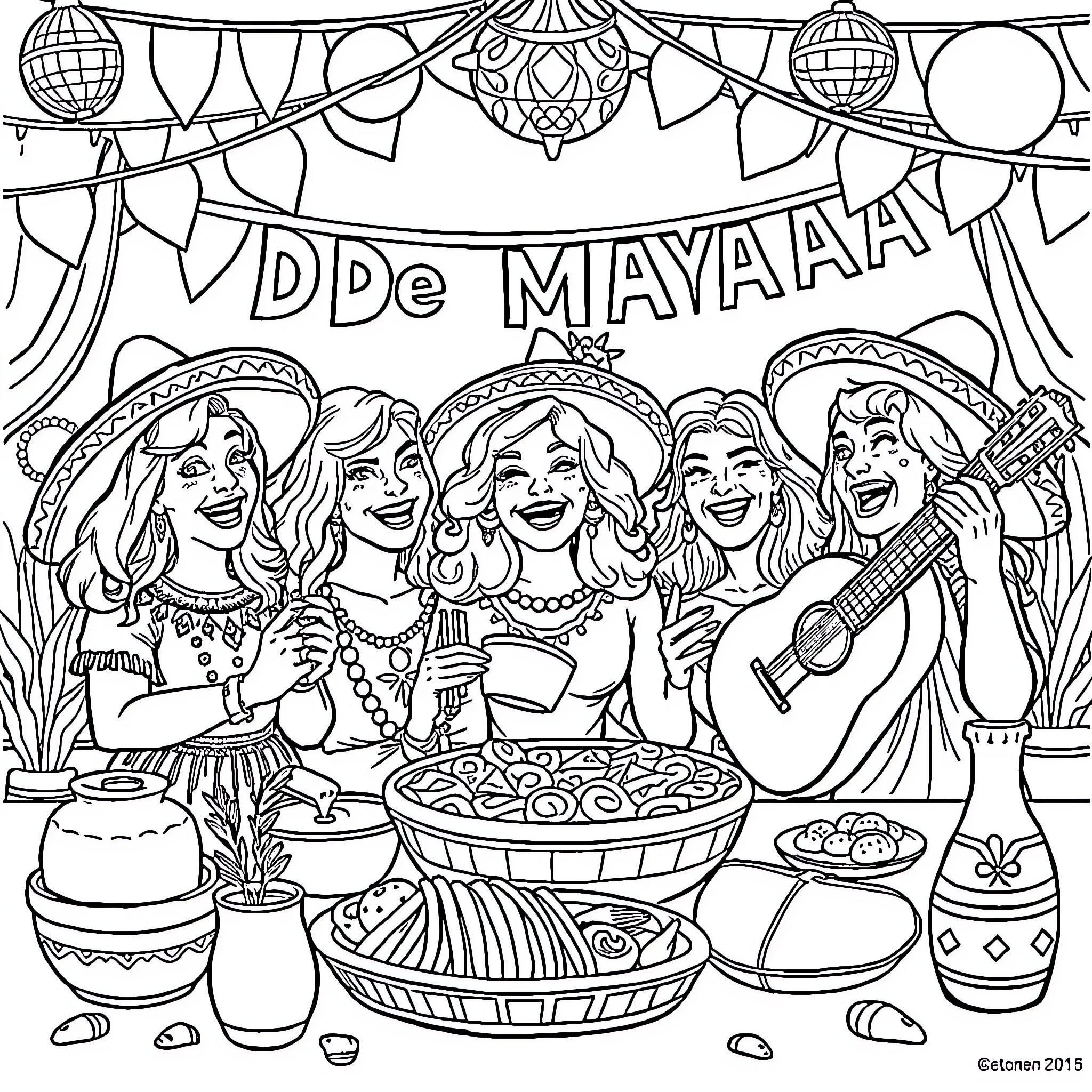 Golden Girls Celebrating Cinco de Mayo with Music and Food Coloring Page (free black-and-white line drawing printable PDF for all, from beginners to advanced learners, including children, teens, adults, and seniors)