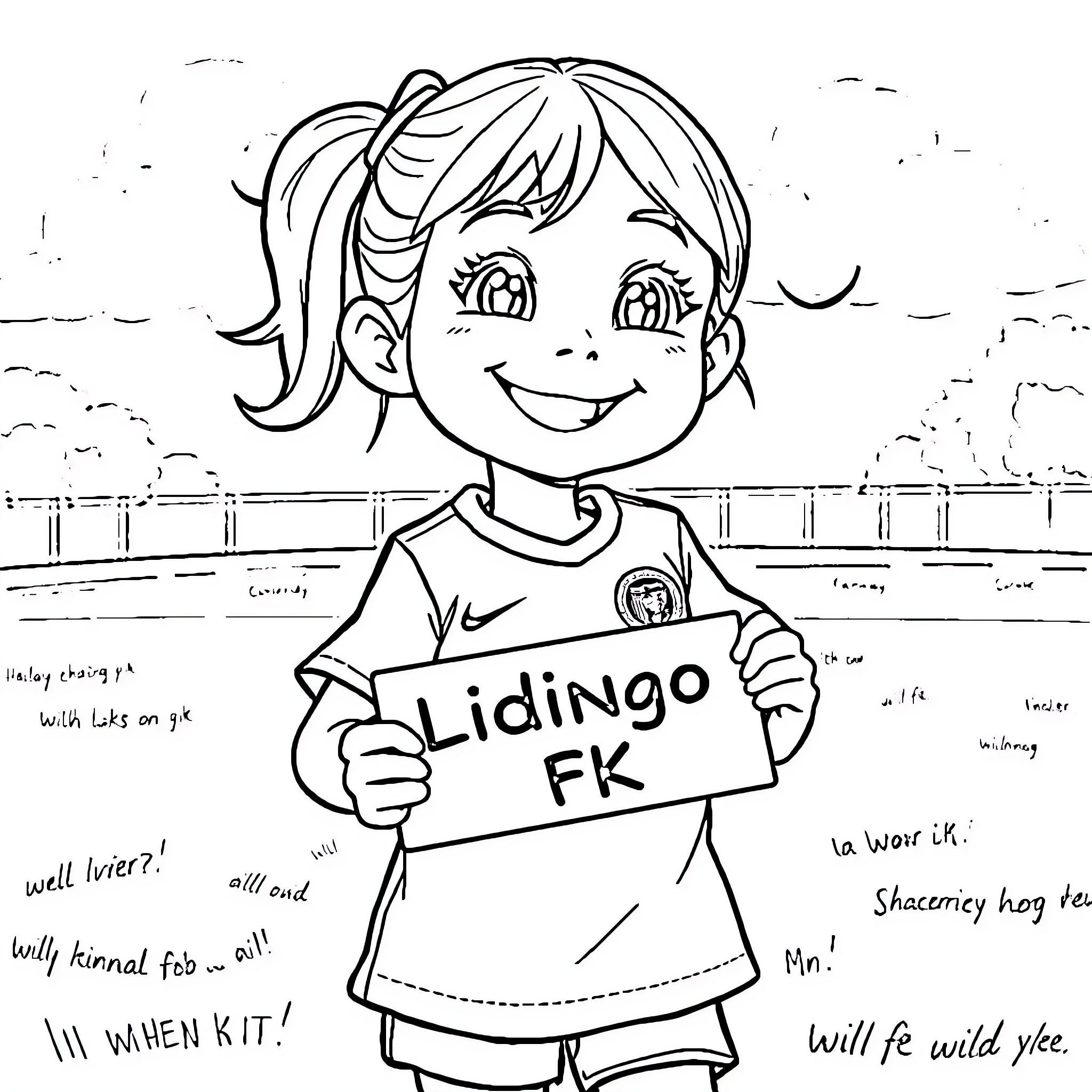 Girl holding a sign with sports team name Coloring Page (free black-and-white line drawing printable PDF for all, from beginners to advanced learners, including children, teens, adults, and seniors)