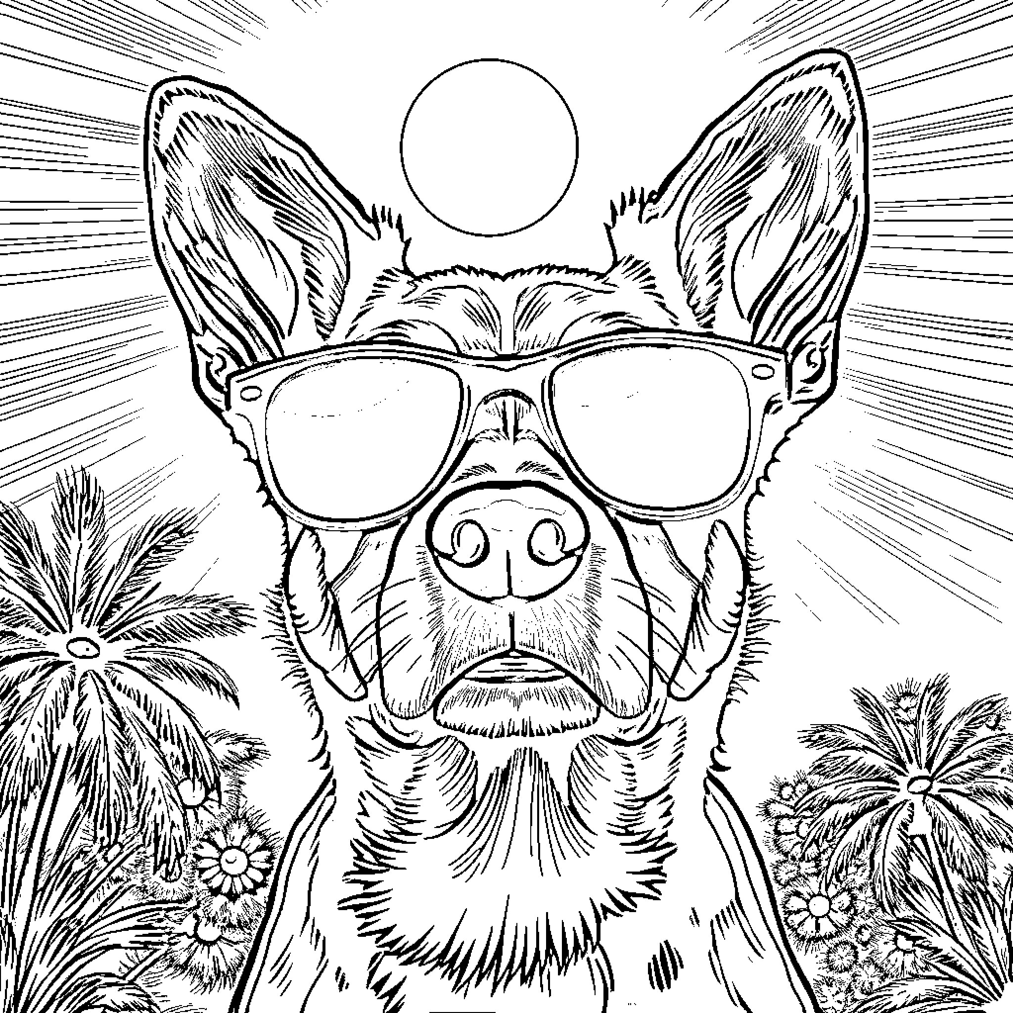 Heeler enjoys the sunny day with sunglasses Coloring Page (free black-and-white line drawing printable PDF for all, from beginners to advanced learners, including children, teens, adults, and seniors)