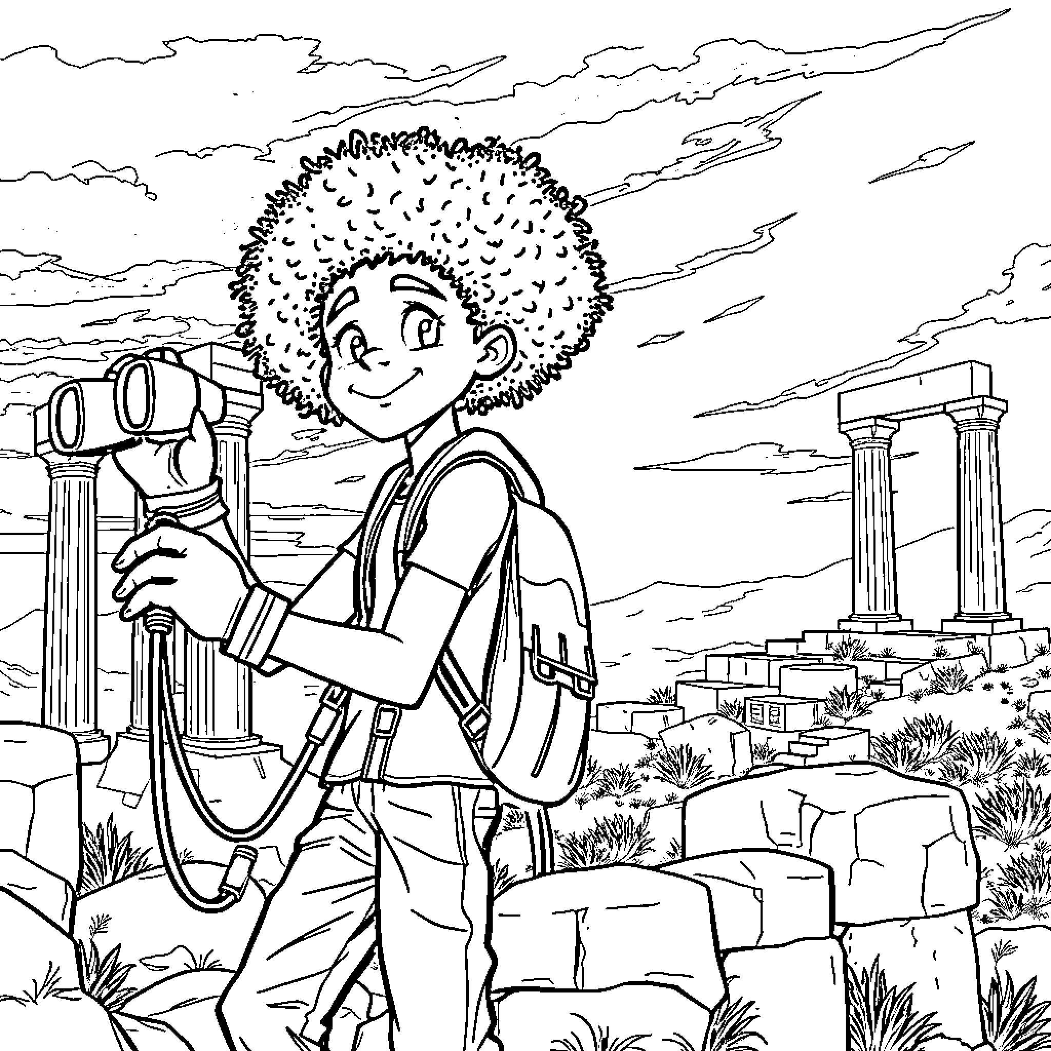 Adventurer Exploring Ancient Ruins Coloring Page (free black-and-white line drawing printable PDF for all, from beginners to advanced learners, including children, teens, adults, and seniors)