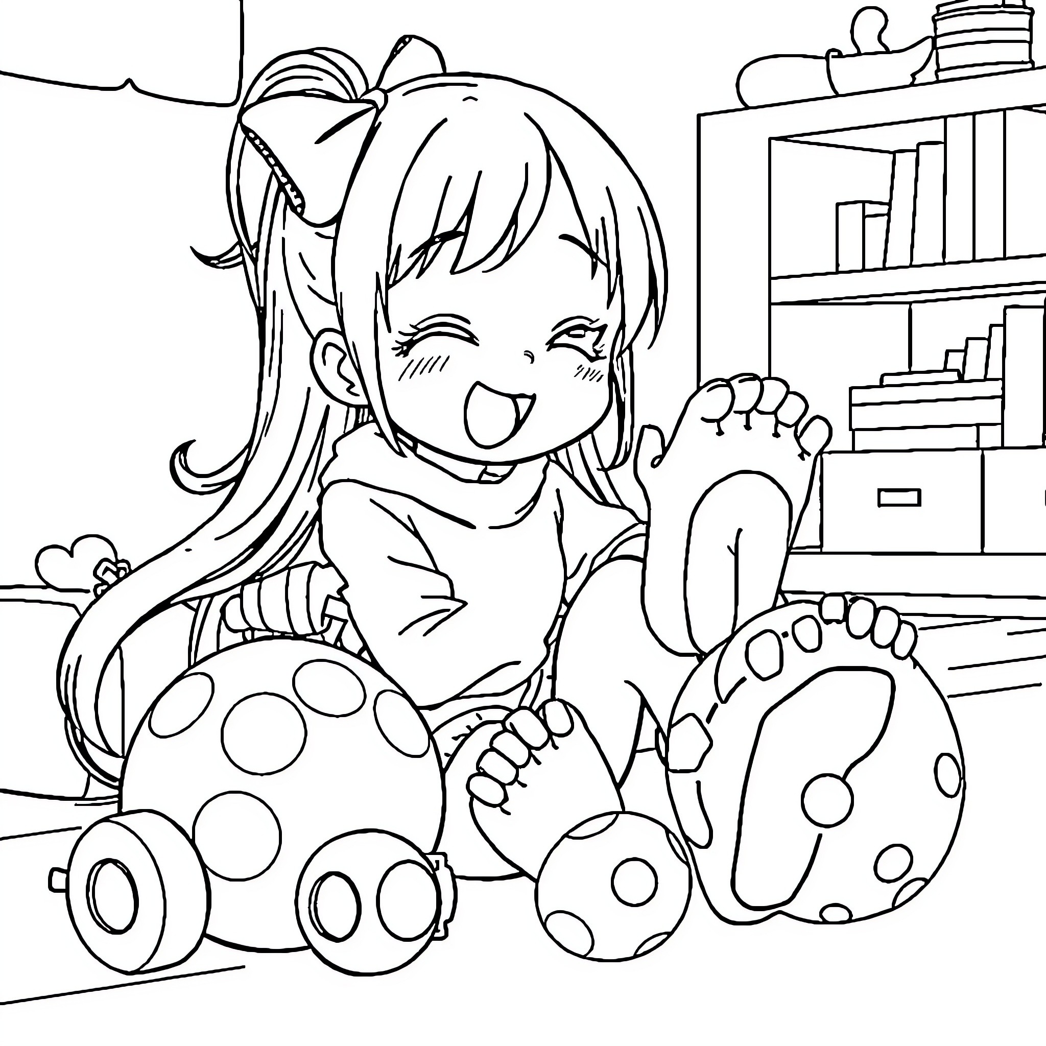 Anime Girl Happily Playing with Toys in Room Coloring Page (free black-and-white line drawing printable PDF for all, from beginners to advanced learners, including children, teens, adults, and seniors)