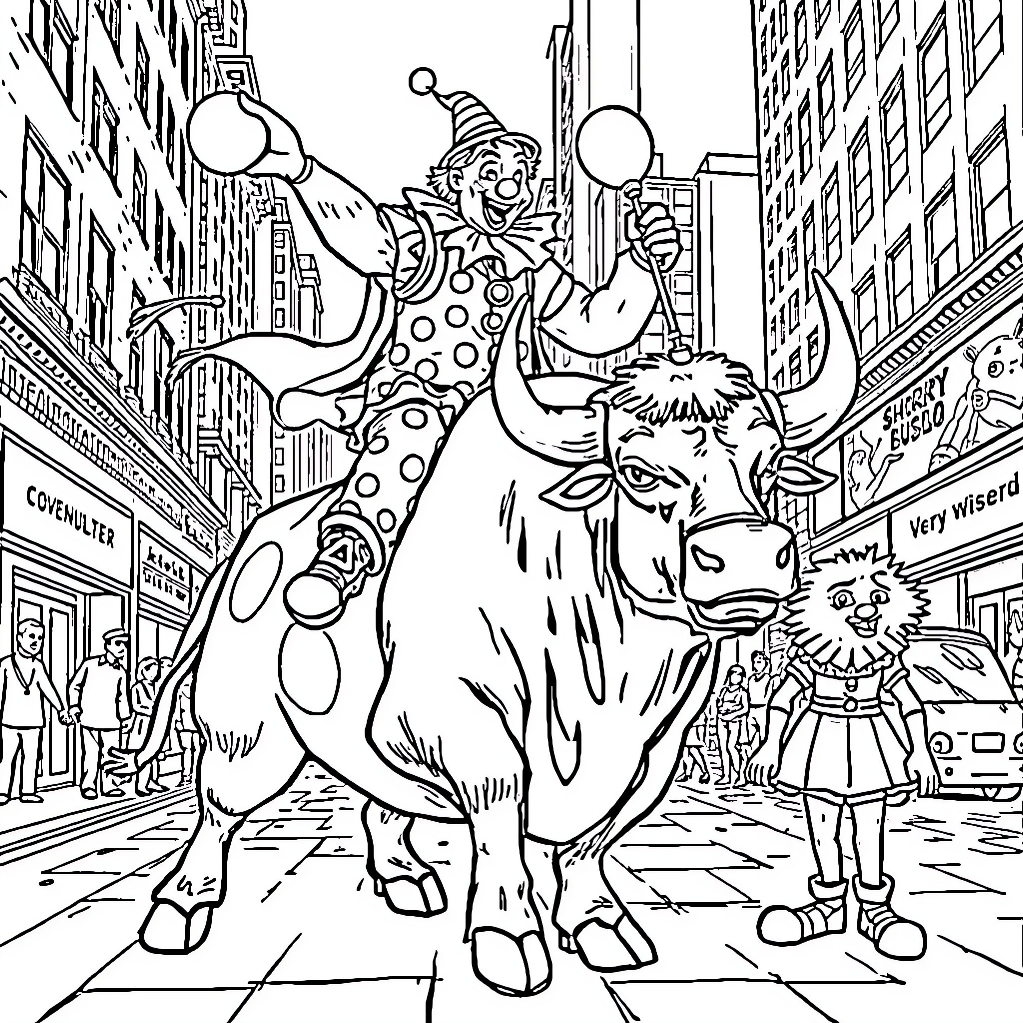 Clown riding a Bull in the City Streets Coloring Page (free black-and-white line drawing printable PDF for all, from beginners to advanced learners, including children, teens, adults, and seniors)