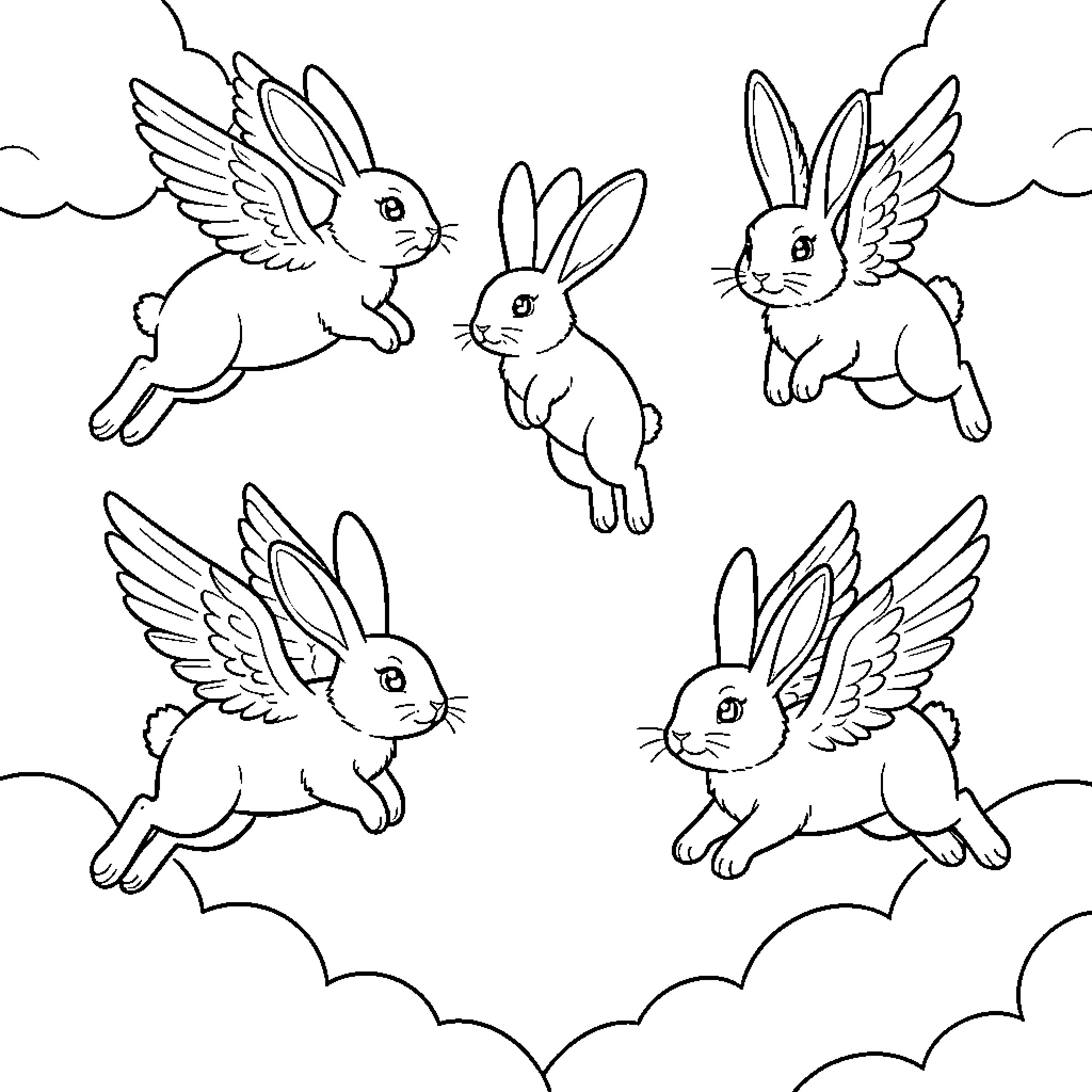 Rabbit with wings flying among soft clouds Coloring Page (free black-and-white line drawing printable PDF for all, from beginners to advanced learners, including children, teens, adults, and seniors)