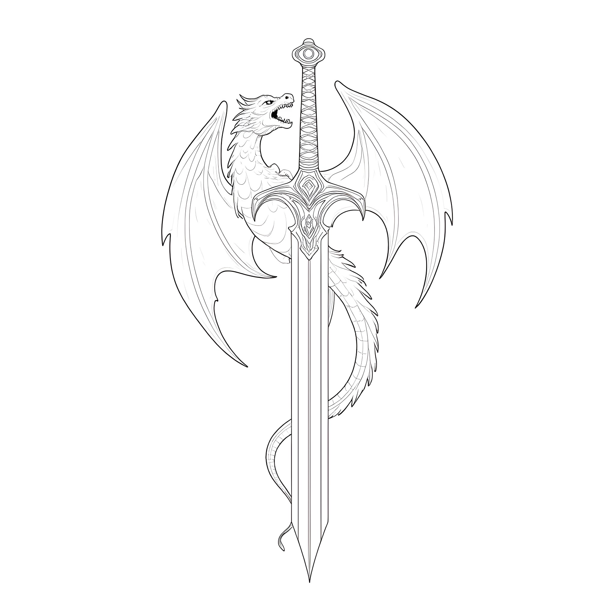 Dragonlance: Dragon with Sword Illustration Coloring Page (free black-and-white line drawing printable PDF for all, from beginners to advanced learners, including children, teens, adults, and seniors)