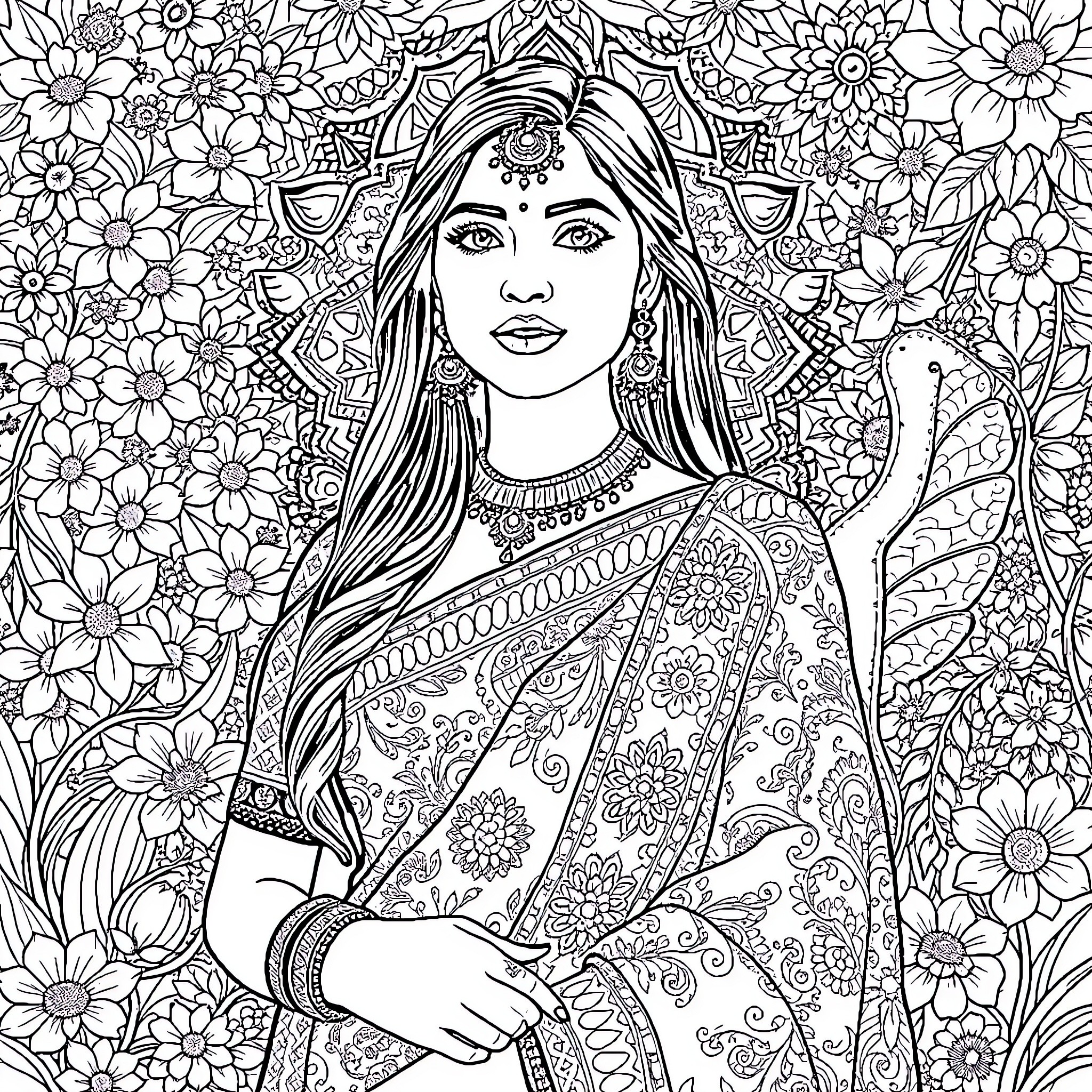 Girl in Elaborate Floral Dress Coloring Page (free black-and-white line drawing printable PDF for all, from beginners to advanced learners, including children, teens, adults, and seniors)