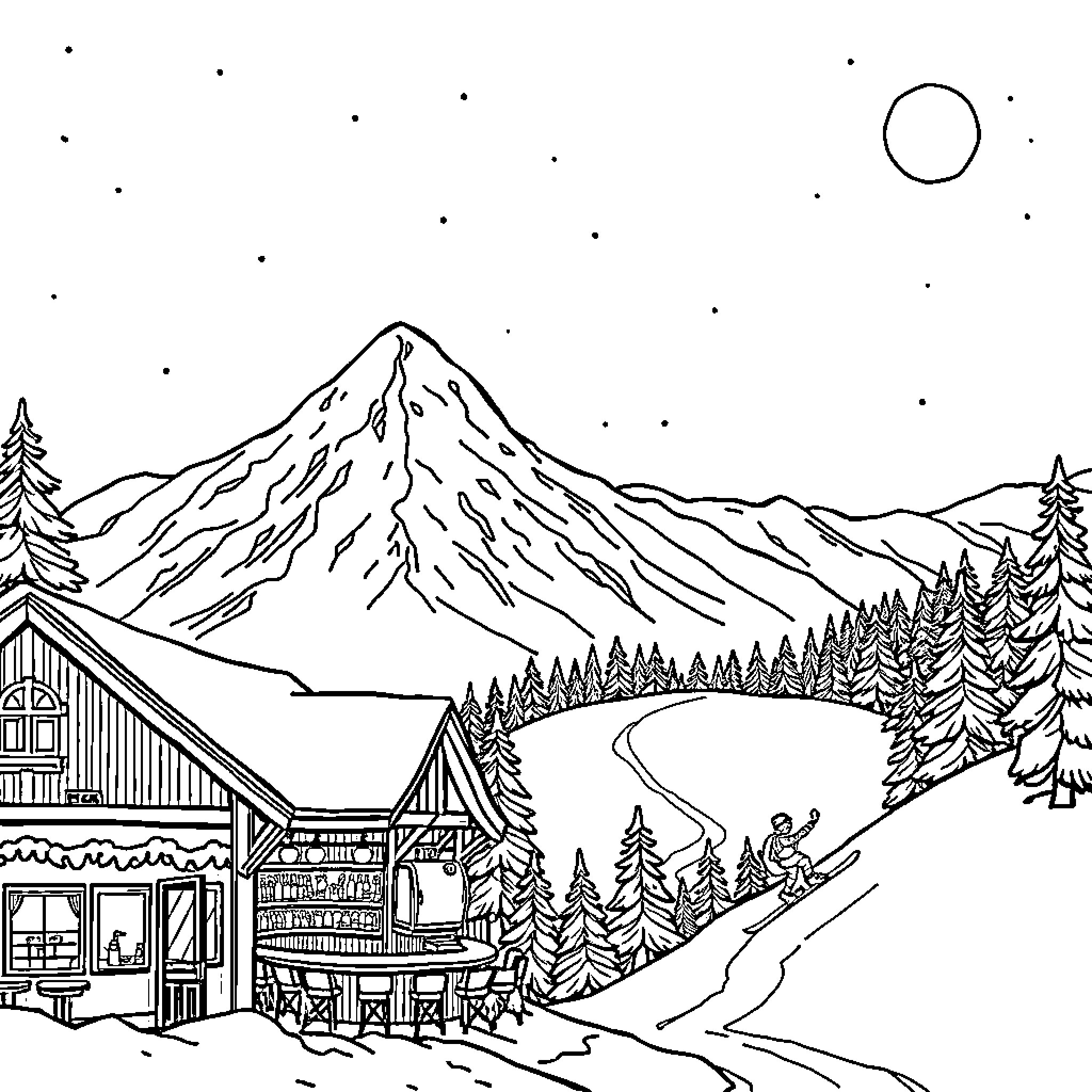 Mountain landscape with snowy peaks and cabins Coloring Page (free black-and-white line drawing printable PDF for all, from beginners to advanced learners, including children, teens, adults, and seniors)