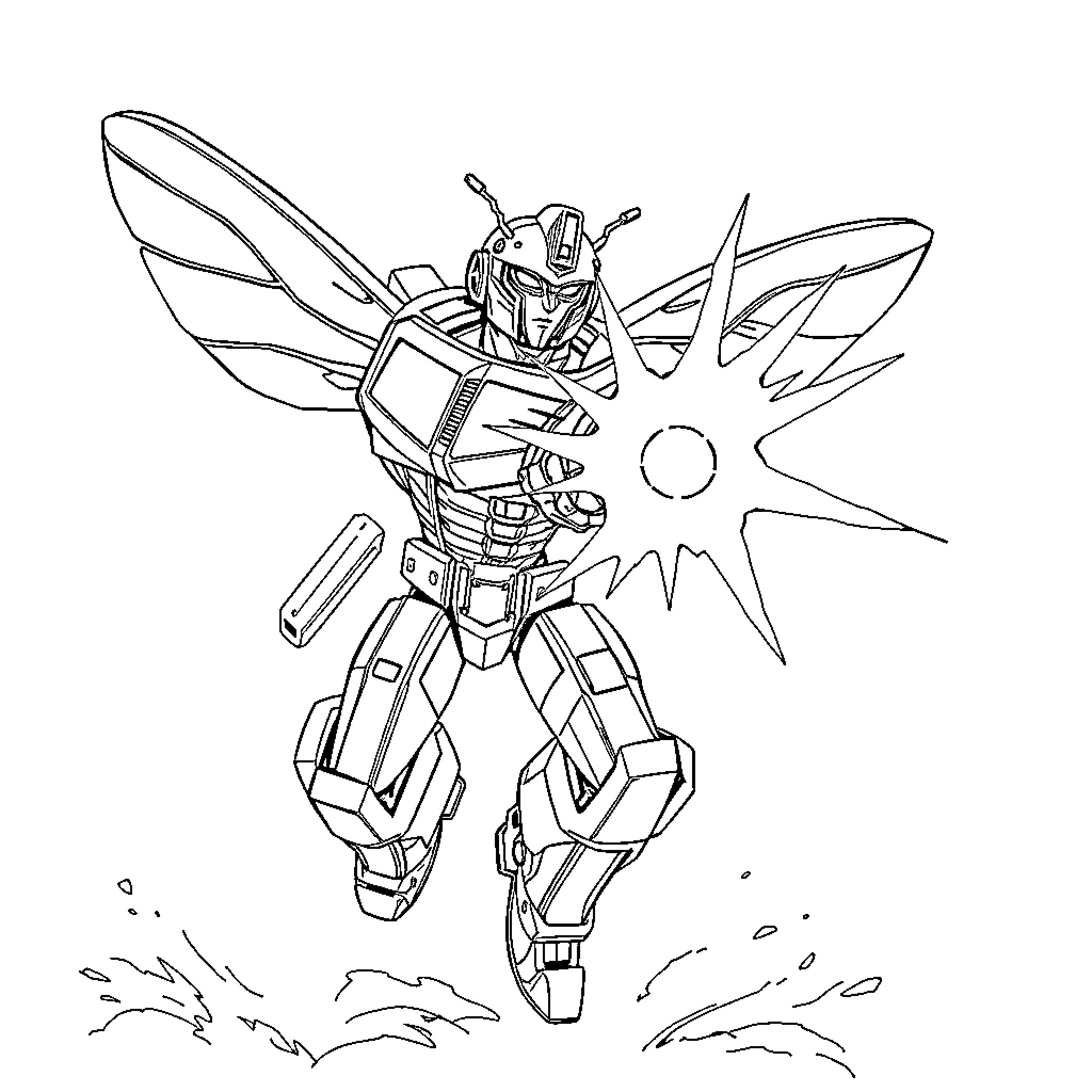 Bumblebee robot in action pose Coloring Page (free black-and-white line drawing printable PDF for all, from beginners to advanced learners, including children, teens, adults, and seniors)