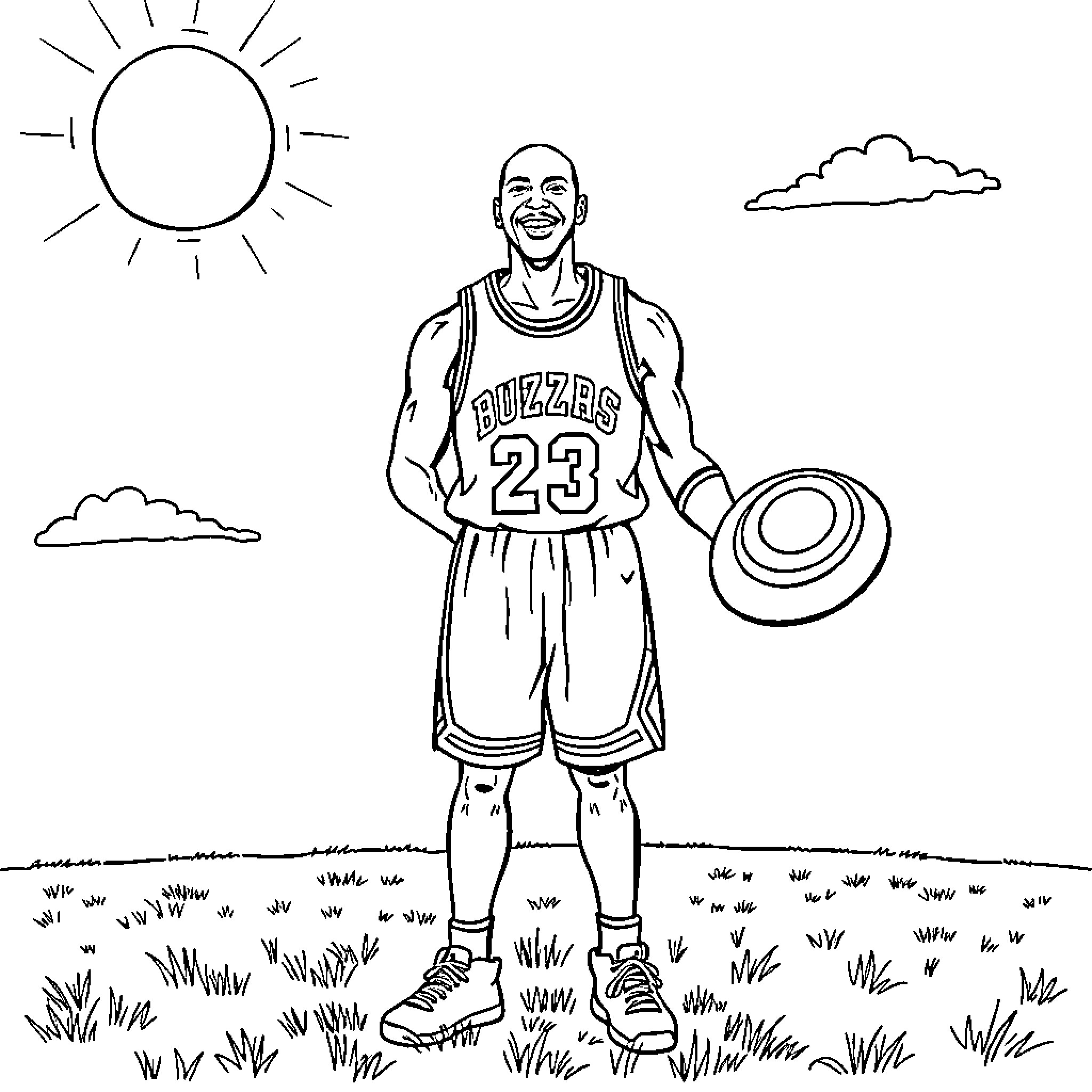 Michael Jordan playing basketball in the park Coloring Page (free black-and-white line drawing printable PDF for all, from beginners to advanced learners, including children, teens, adults, and seniors)
