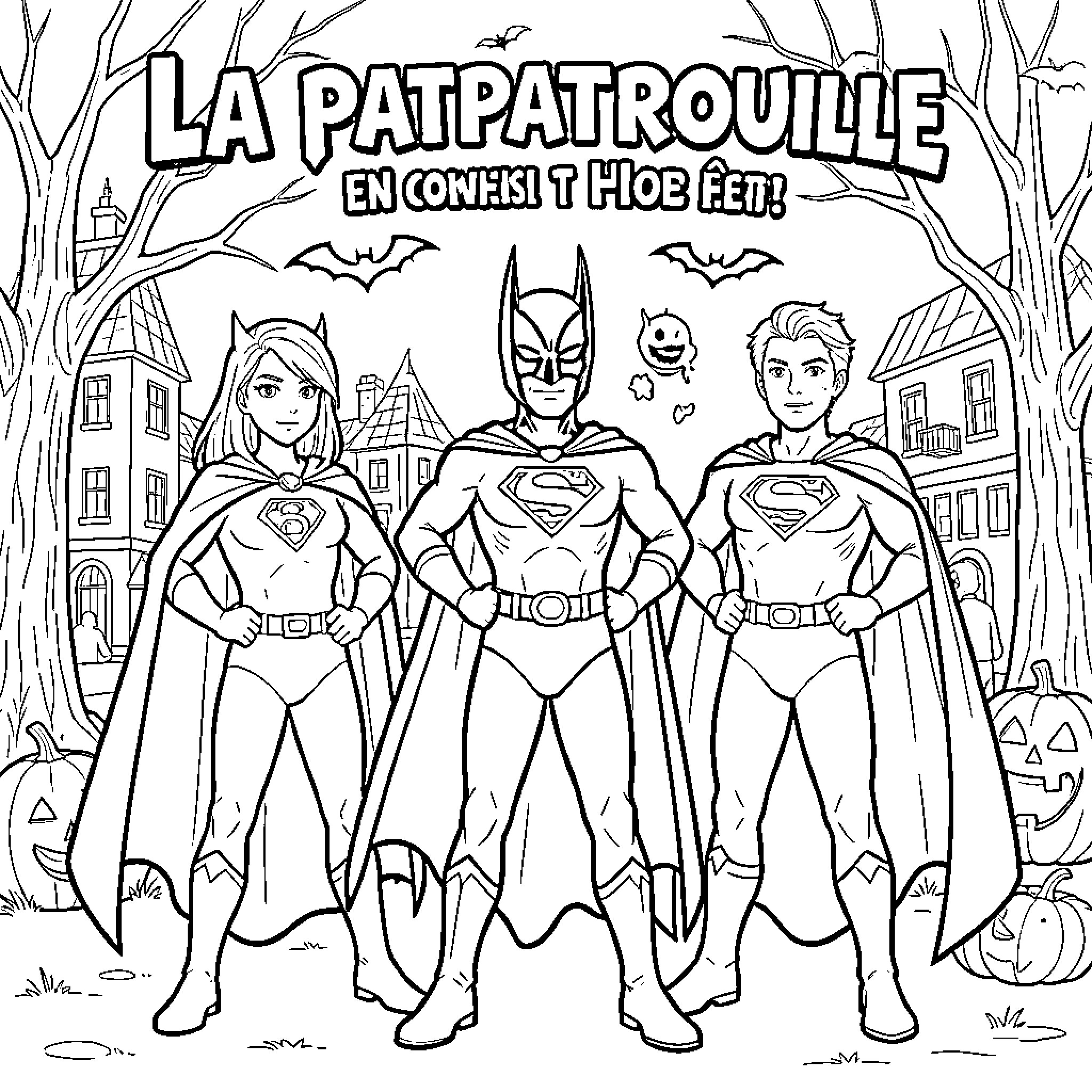 Paw Patrol characters posing in superhero outfits Coloring Page (free black-and-white line drawing printable PDF for all, from beginners to advanced learners, including children, teens, adults, and seniors)