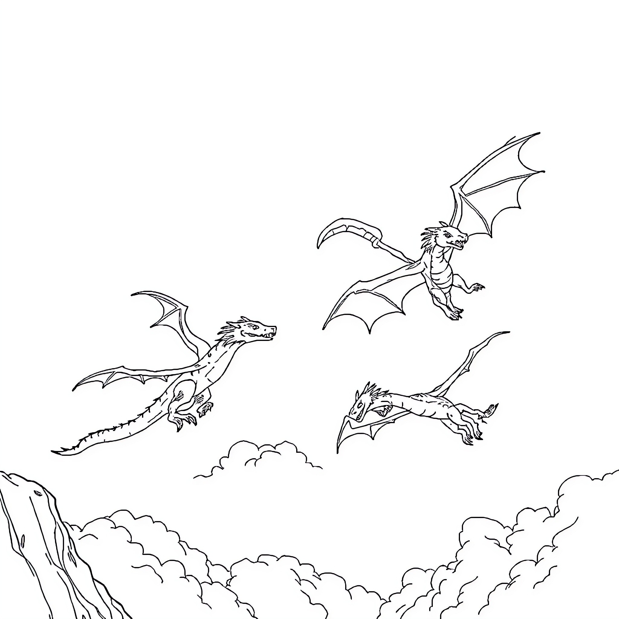 Dragons soaring through the skies Coloring Page (free black-and-white line drawing printable PDF for all, from beginners to advanced learners, including children, teens, adults, and seniors)