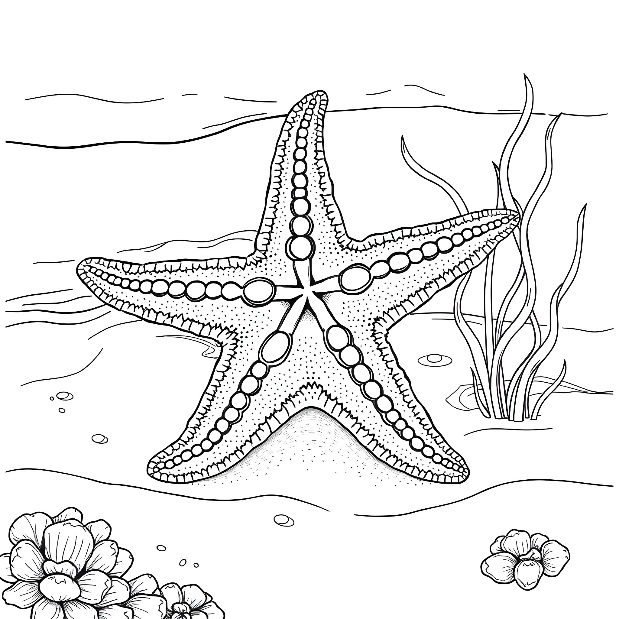 Starfish amidst marine life in the ocean Coloring Page (free black-and-white line drawing printable PDF for all, from beginners to advanced learners, including children, teens, adults, and seniors)