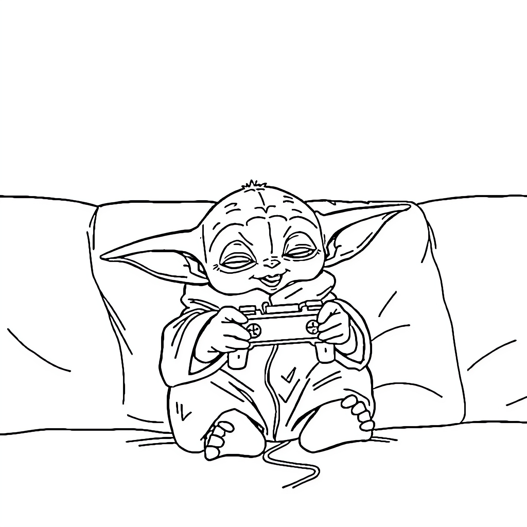 Baby Yoda playing with a video game controller Coloring Page (free black-and-white line drawing printable PDF for all, from beginners to advanced learners, including children, teens, adults, and seniors)