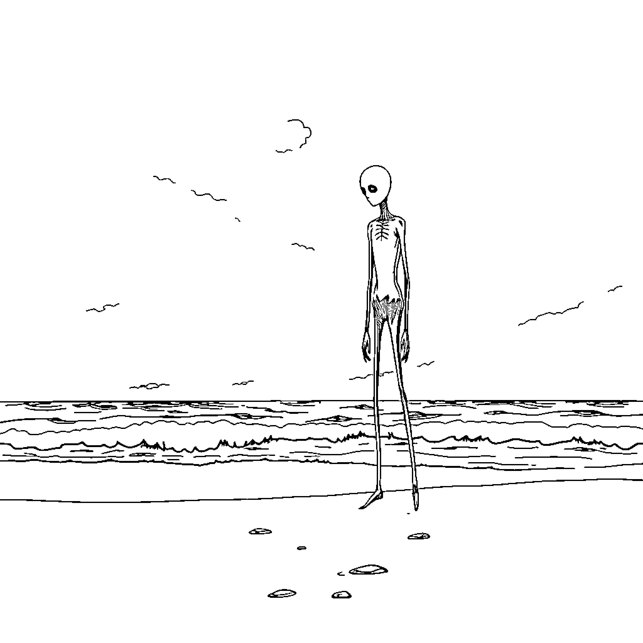 Slenderman standing alone on the beach Coloring Page (free black-and-white line drawing printable PDF for all, from beginners to advanced learners, including children, teens, adults, and seniors)