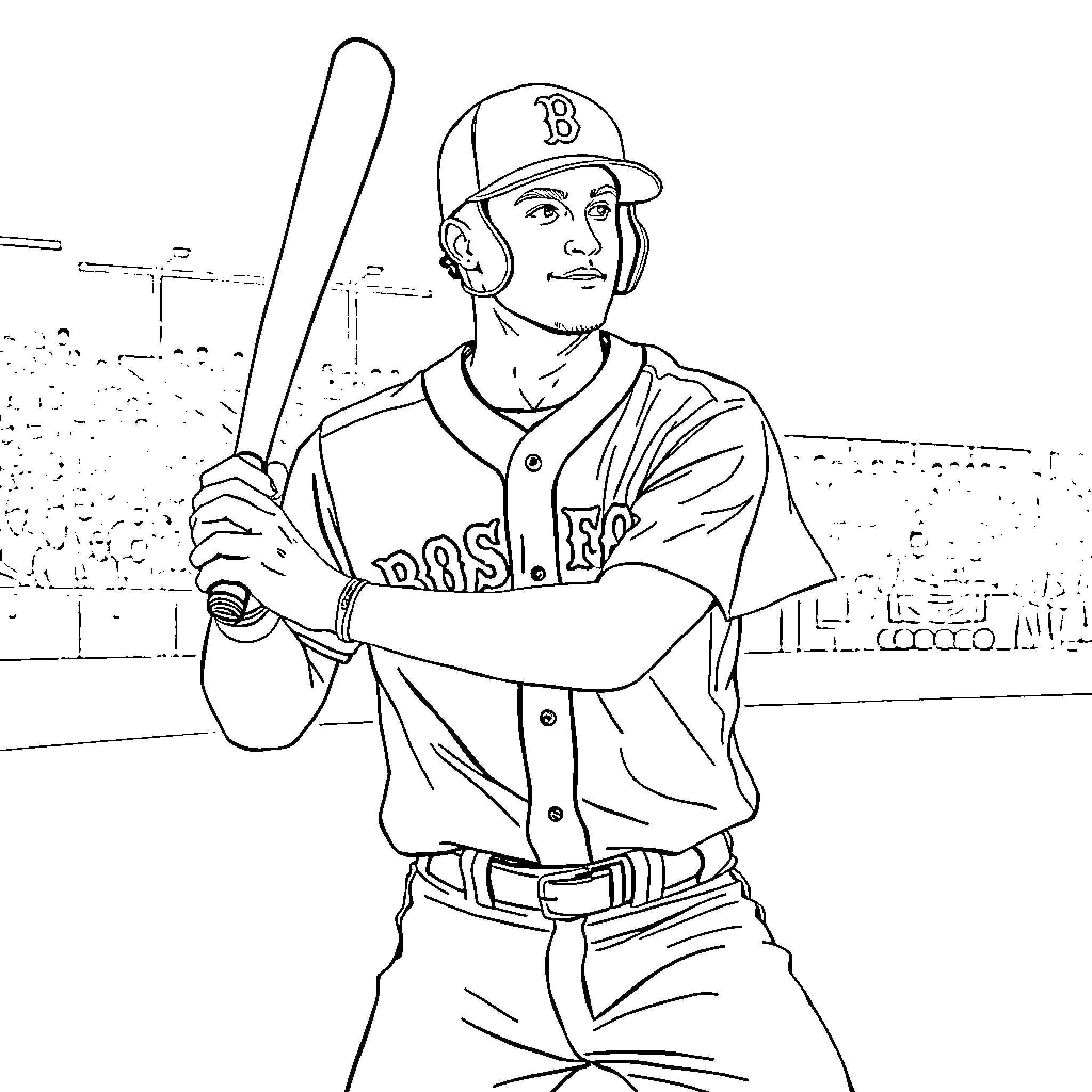 Jarren Duran standing with baseball bat in uniform Coloring Page (free black-and-white line drawing printable PDF for all, from beginners to advanced learners, including children, teens, adults, and seniors)