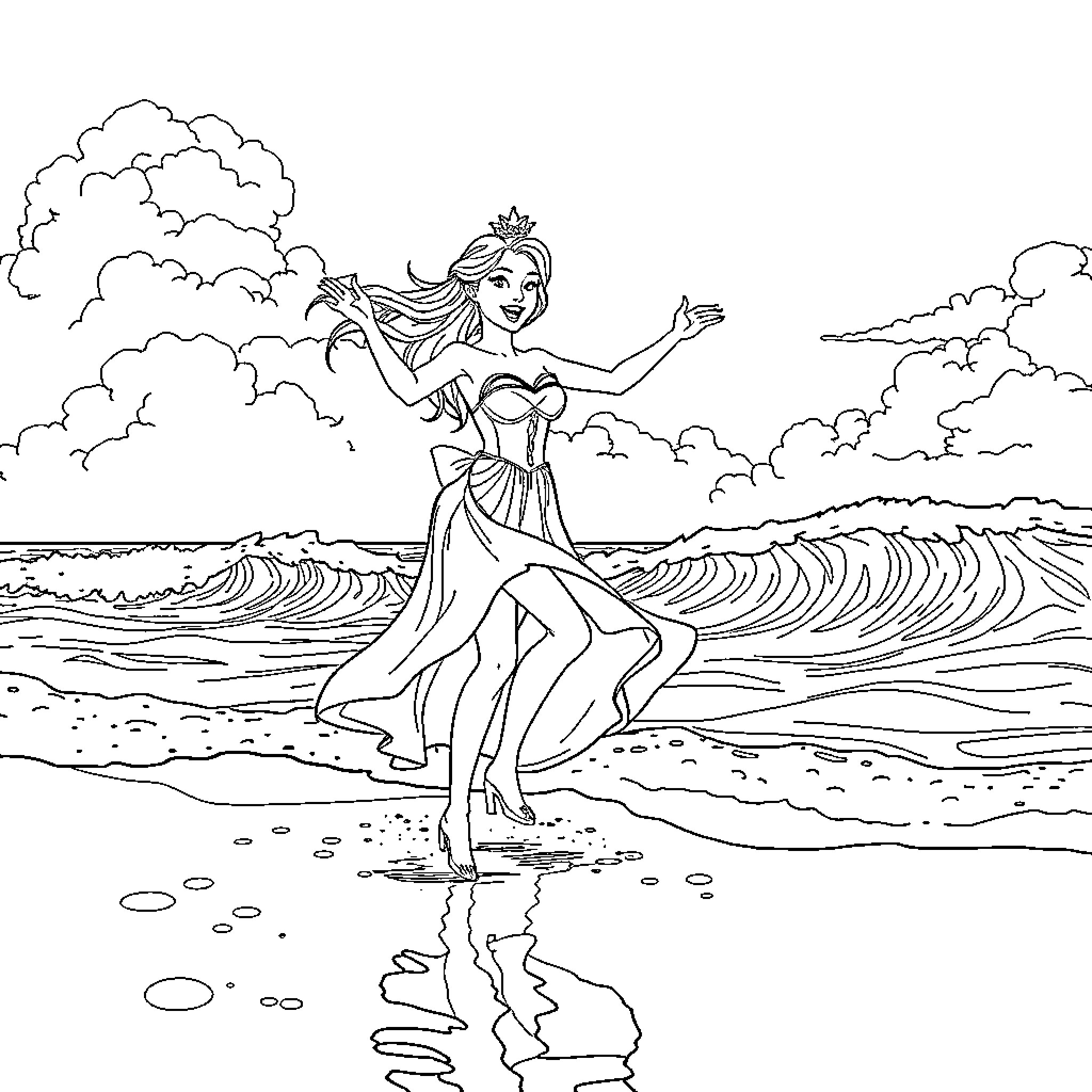 Princess Joyfully Dancing on the Waves Coloring Page (free black-and-white line drawing printable PDF for all, from beginners to advanced learners, including children, teens, adults, and seniors)
