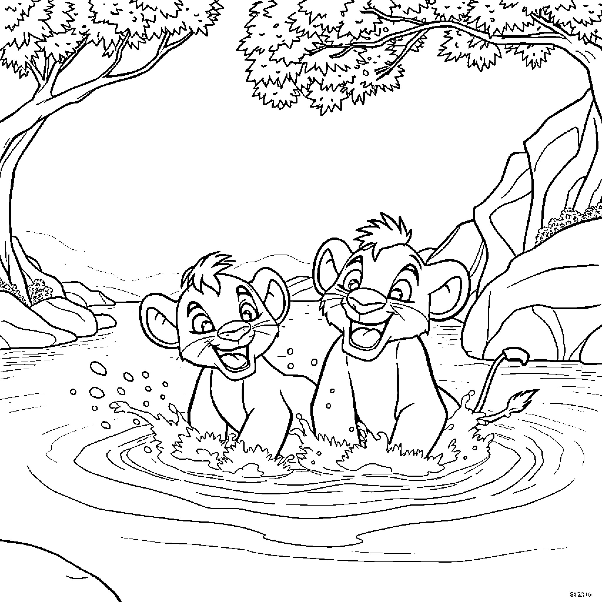 Simba and Nala playing in the watering hole Coloring Page (free black-and-white line drawing printable PDF for all, from beginners to advanced learners, including children, teens, adults, and seniors)