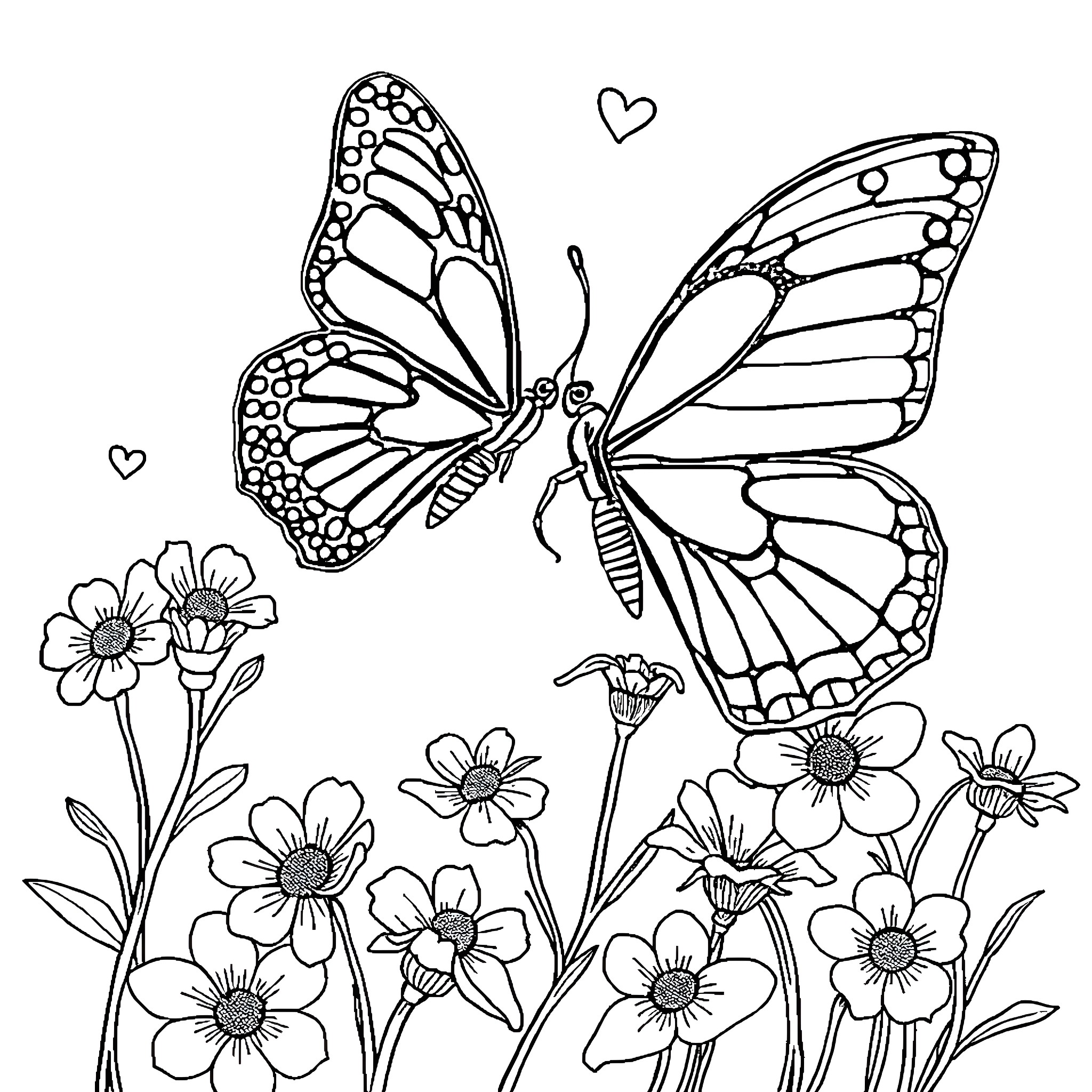 Butterfly dancing among flowers Coloring Page (free black-and-white line drawing printable PDF for all, from beginners to advanced learners, including children, teens, adults, and seniors)
