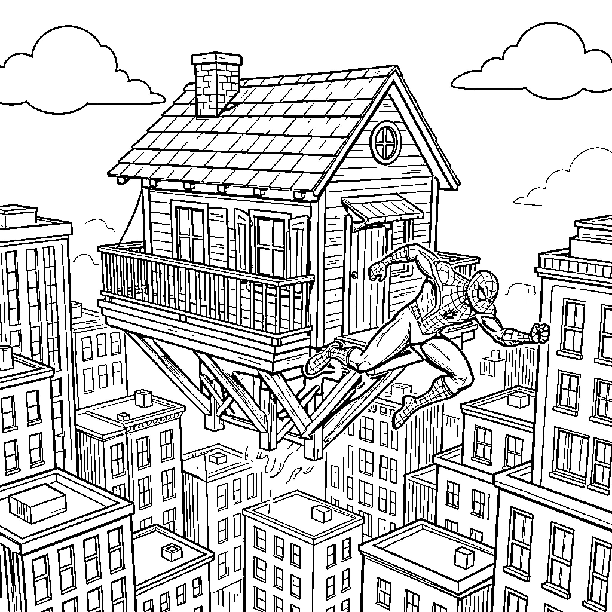 Maison floating above a city with Spider-Man jumping Coloring Page (free black-and-white line drawing printable PDF for all, from beginners to advanced learners, including children, teens, adults, and seniors)