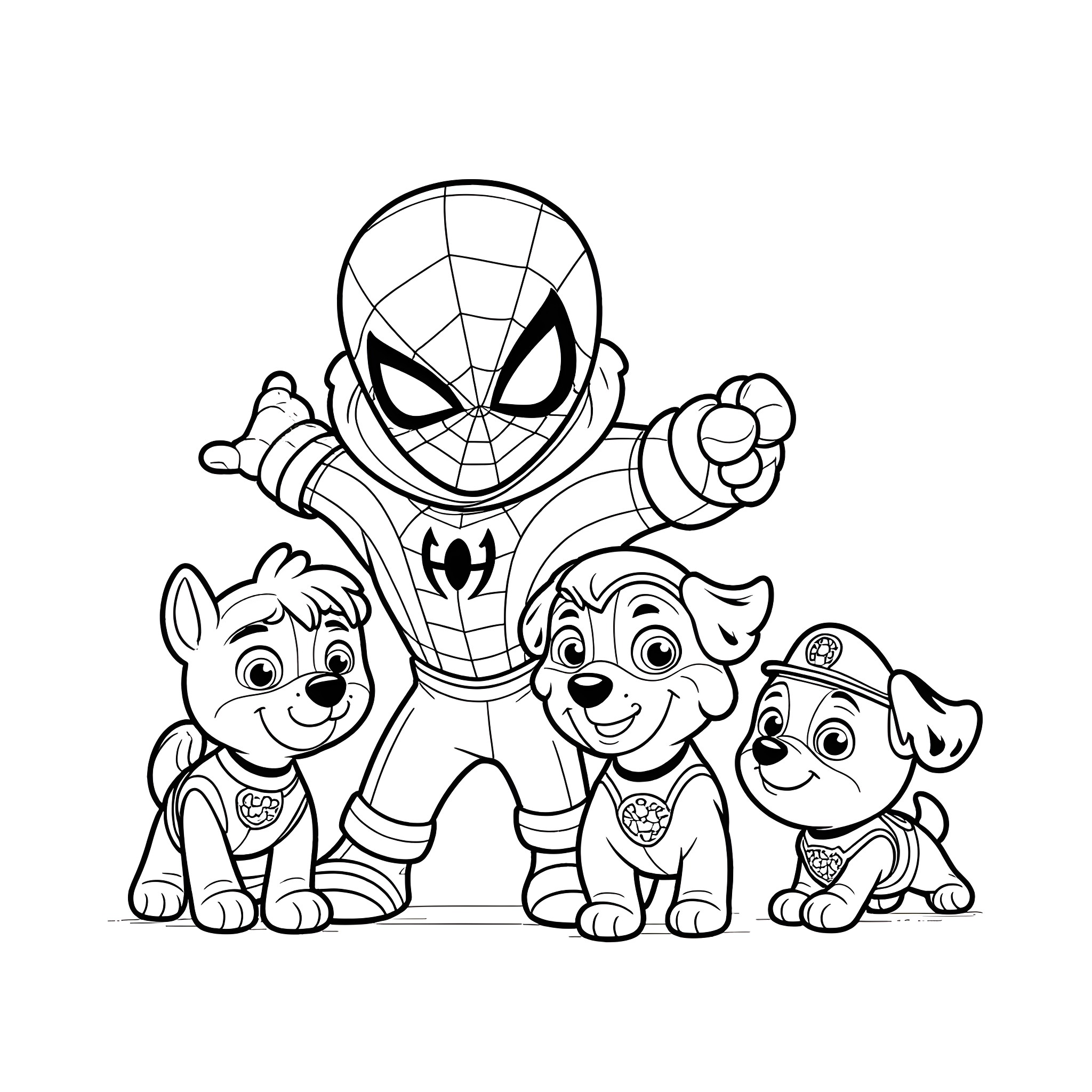 Spiderman with Paw Patrol pups in action Coloring Page (free black-and-white line drawing printable PDF for all, from beginners to advanced learners, including children, teens, adults, and seniors)