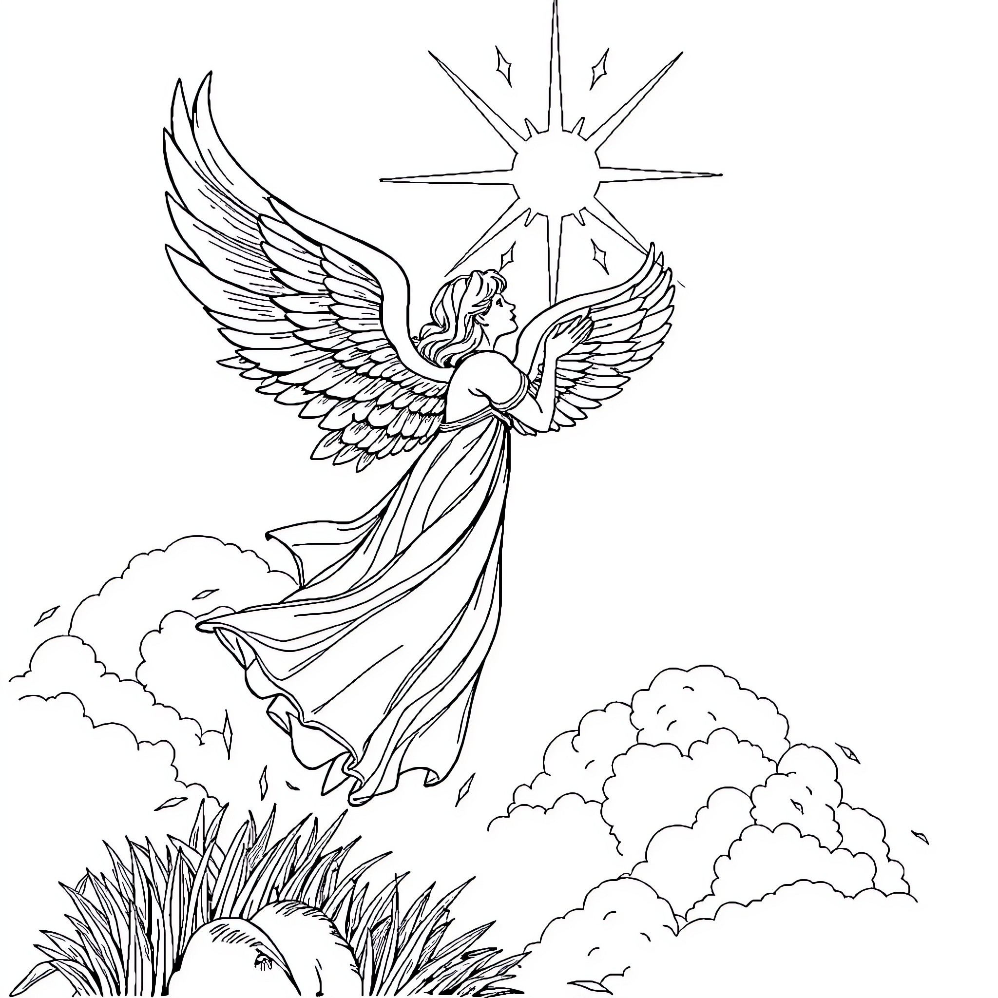 Angel with Outstretched Wings in Celestial Scene Coloring Page (free black-and-white line drawing printable PDF for all, from beginners to advanced learners, including children, teens, adults, and seniors)