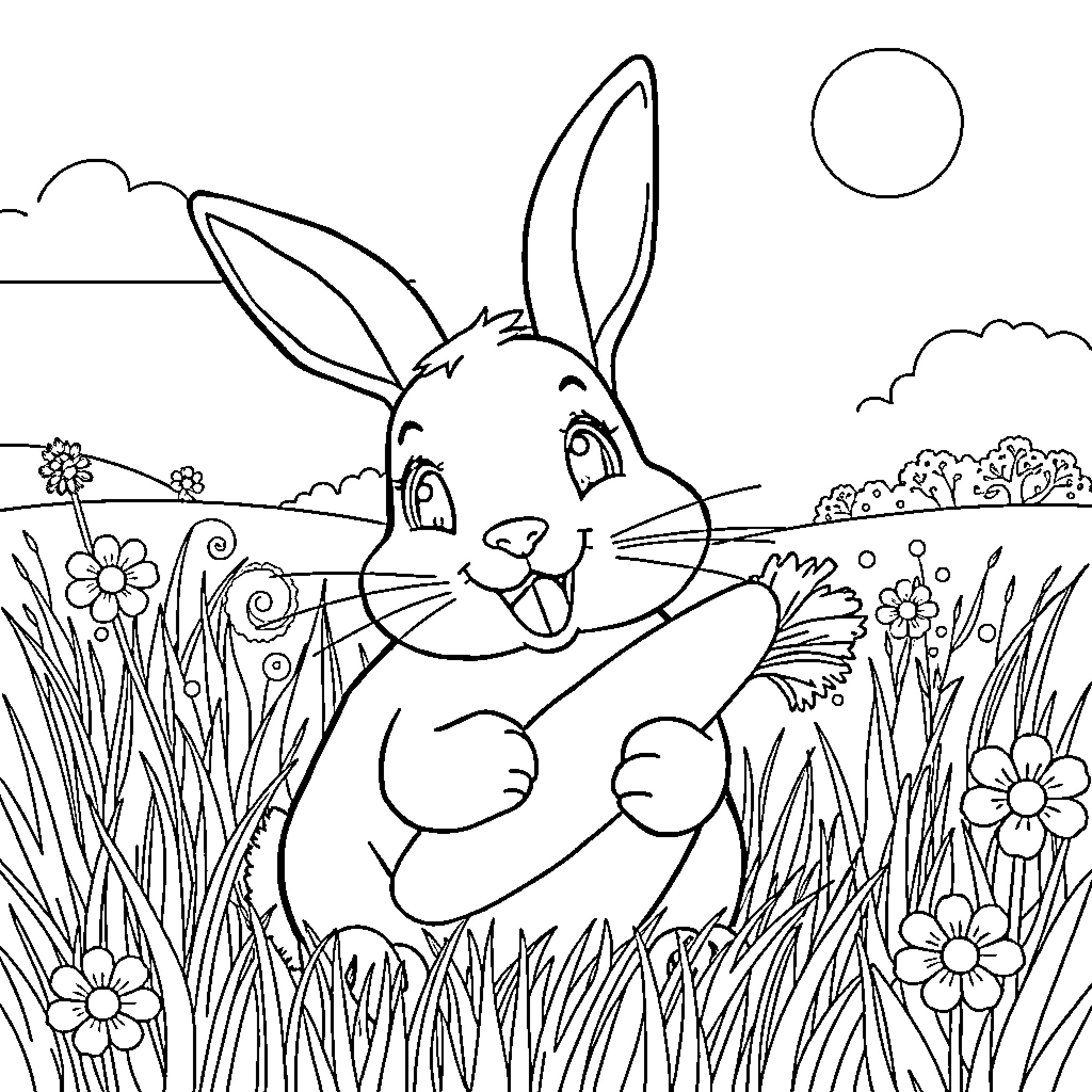 Bunny playing cheerfully in a floral meadow Coloring Page (free black-and-white line drawing printable PDF for all, from beginners to advanced learners, including children, teens, adults, and seniors)