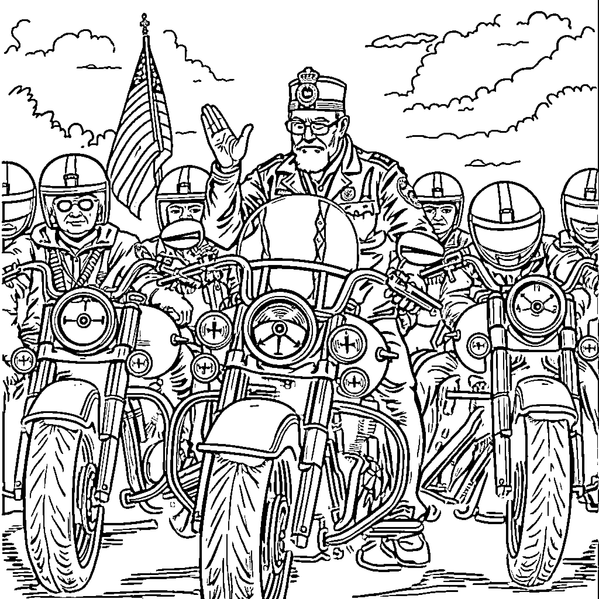 AMVETS Rider Leads Motorcycle Parade with Patriotic Fervor Coloring Page (free black-and-white line drawing printable PDF for all, from beginners to advanced learners, including children, teens, adults, and seniors)