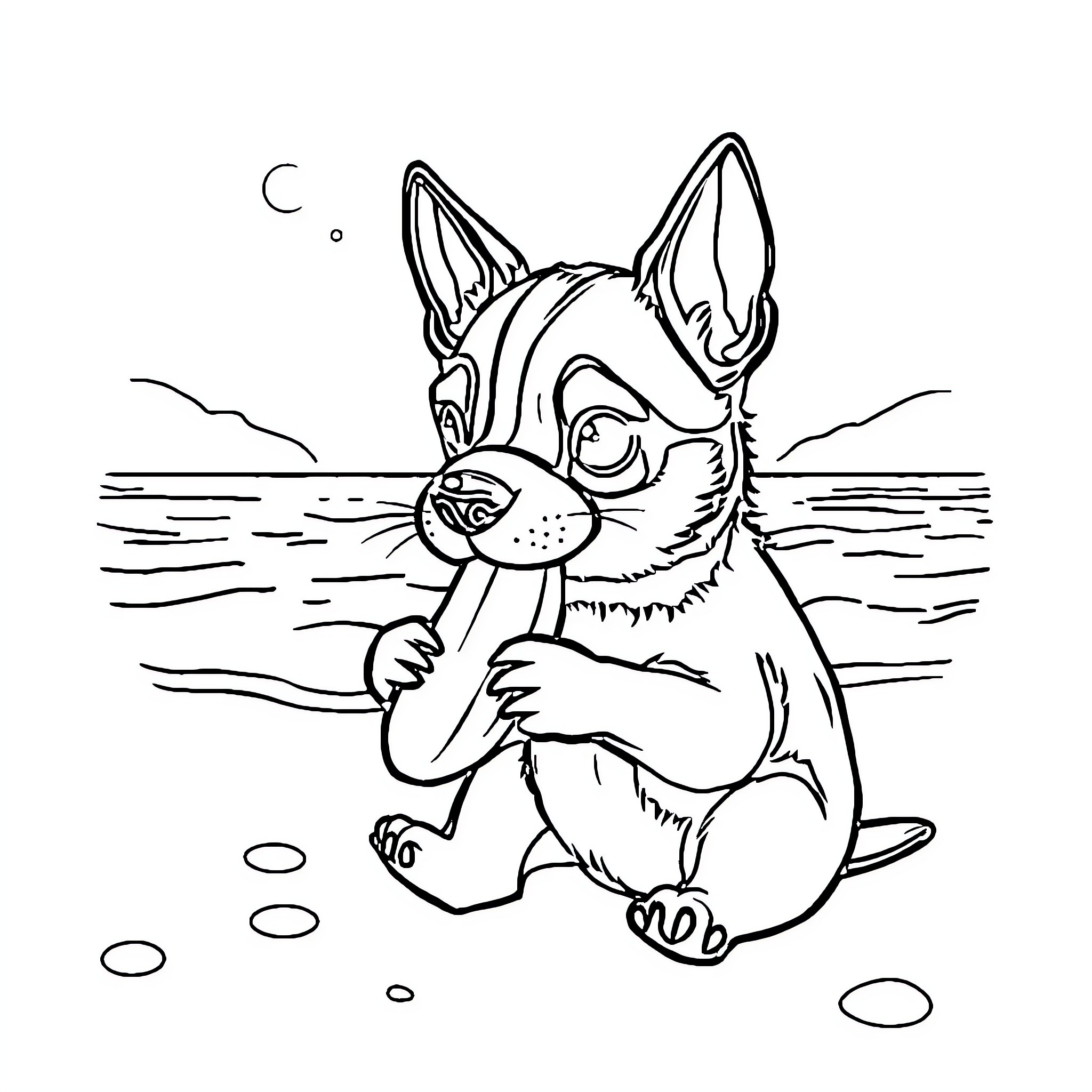 Perro enjoying a serene beach scene Coloring Page (free black-and-white line drawing printable PDF for all, from beginners to advanced learners, including children, teens, adults, and seniors)