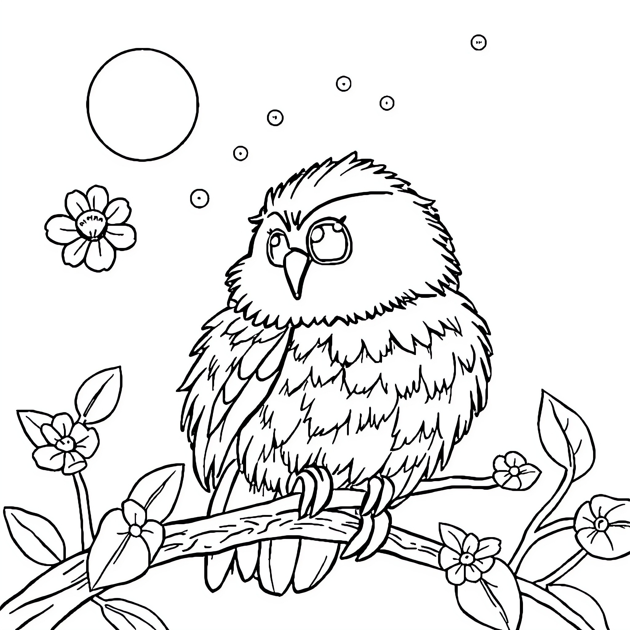 Fox sitting on a branch with flowers Coloring Page (free black-and-white line drawing printable PDF for all, from beginners to advanced learners, including children, teens, adults, and seniors)