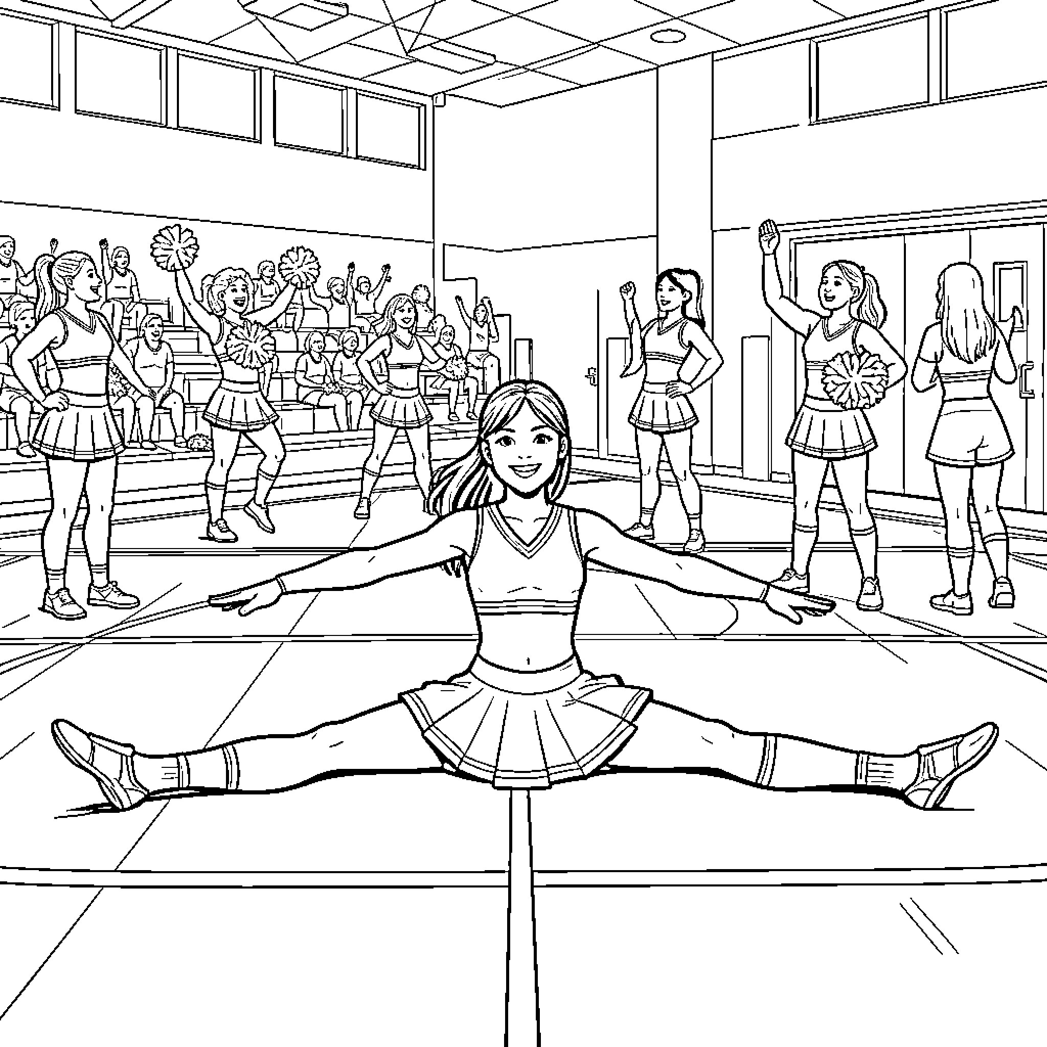 Cheerleader performing a split during a routine Coloring Page (free black-and-white line drawing printable PDF for all, from beginners to advanced learners, including children, teens, adults, and seniors)