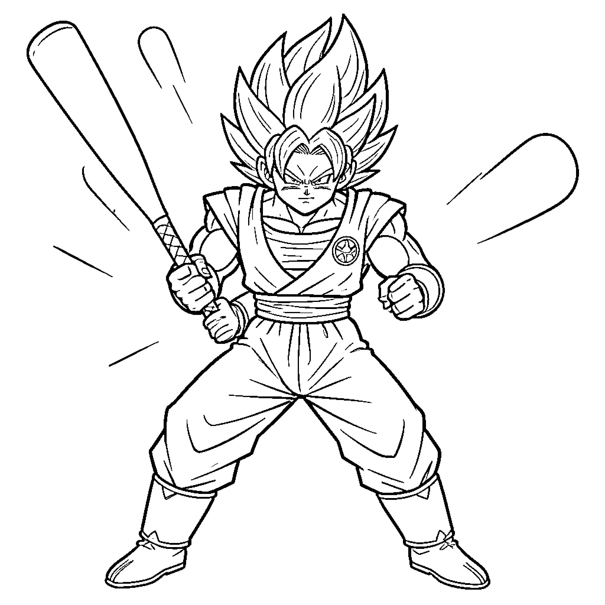 Sangoku holding a baseball bat in a powerful stance Coloring Page (free black-and-white line drawing printable PDF for all, from beginners to advanced learners, including children, teens, adults, and seniors)