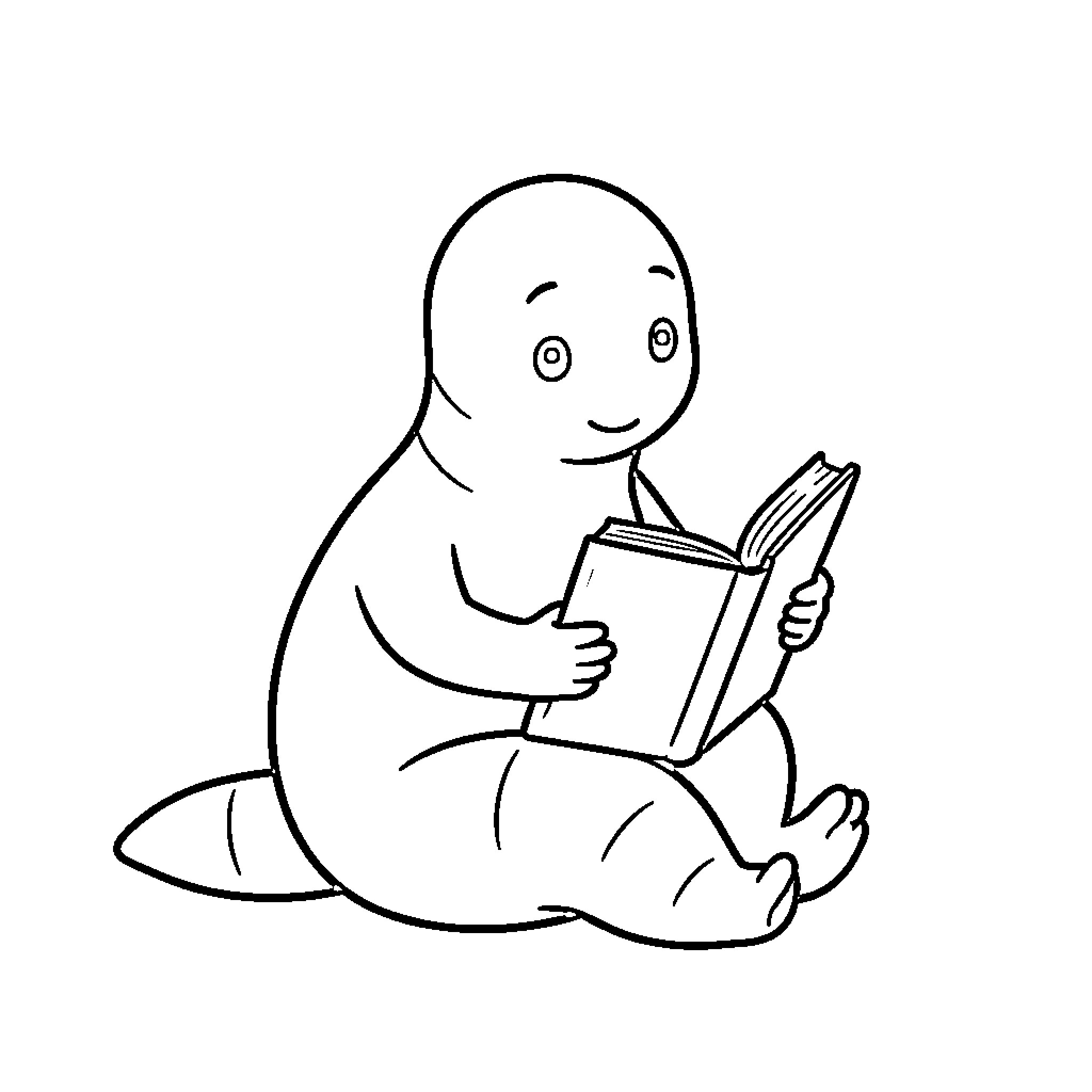 Bookworm character sitting and reading a book intently Coloring Page (free black-and-white line drawing printable PDF for all, from beginners to advanced learners, including children, teens, adults, and seniors)