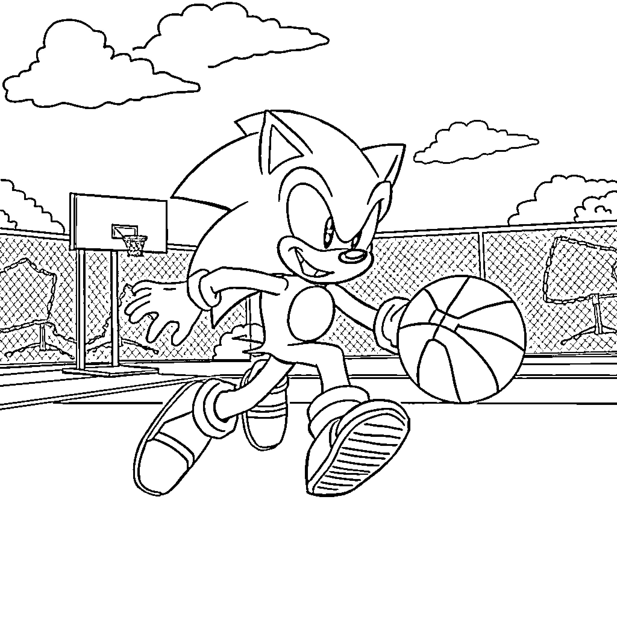 Sonic playing with basketball on sports court Coloring Page (free black-and-white line drawing printable PDF for all, from beginners to advanced learners, including children, teens, adults, and seniors)