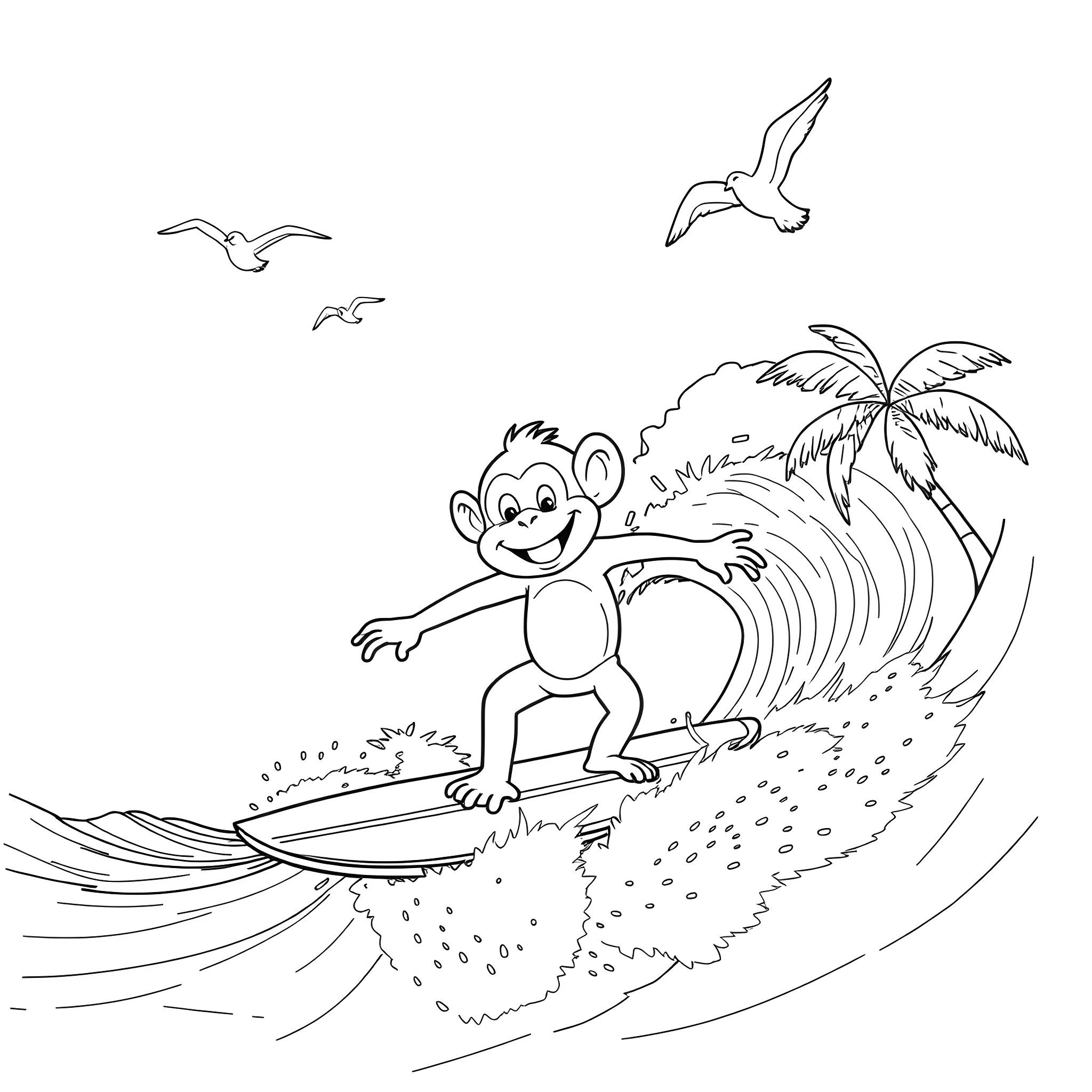 Monkey surfing happily on ocean waves Coloring Page (free black-and-white line drawing printable PDF for all, from beginners to advanced learners, including children, teens, adults, and seniors)