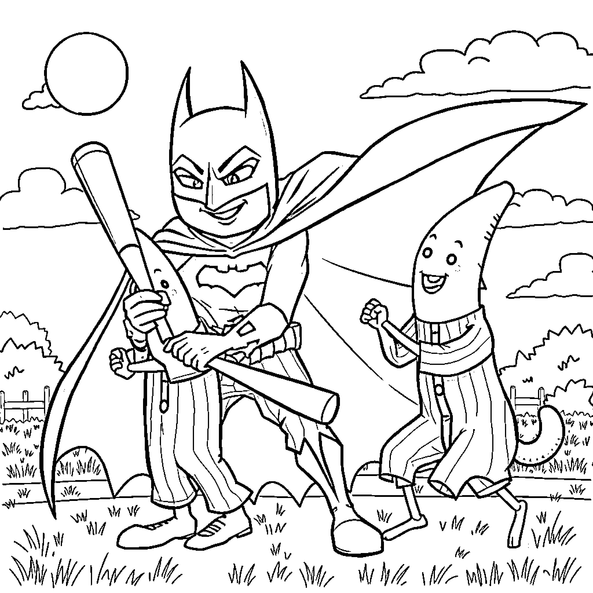 Batman and Sidekick Adventuring Outdoors Coloring Page (free black-and-white line drawing printable PDF for all, from beginners to advanced learners, including children, teens, adults, and seniors)