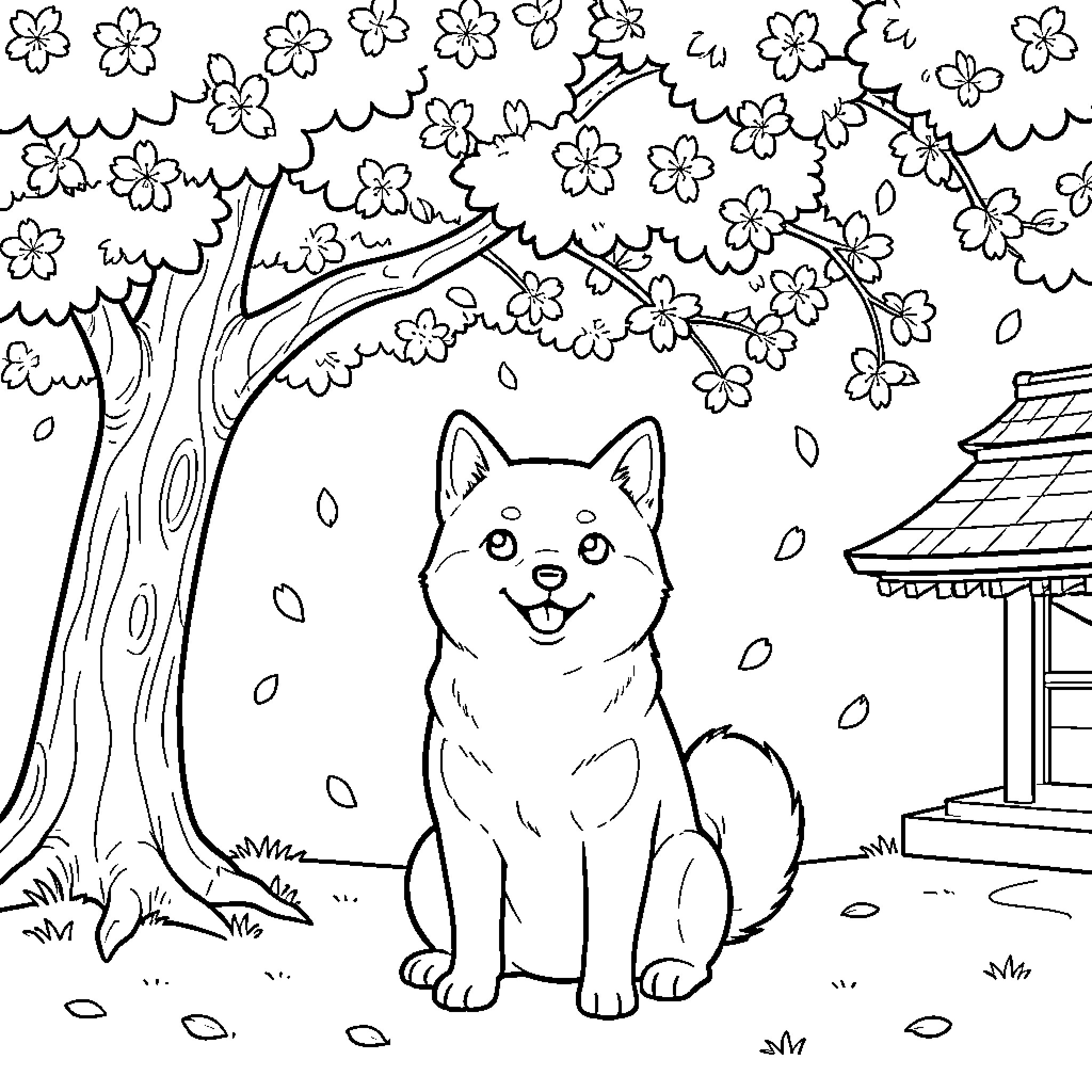 Shiba Inu enjoying spring blooms in the garden Coloring Page (free black-and-white line drawing printable PDF for all, from beginners to advanced learners, including children, teens, adults, and seniors)