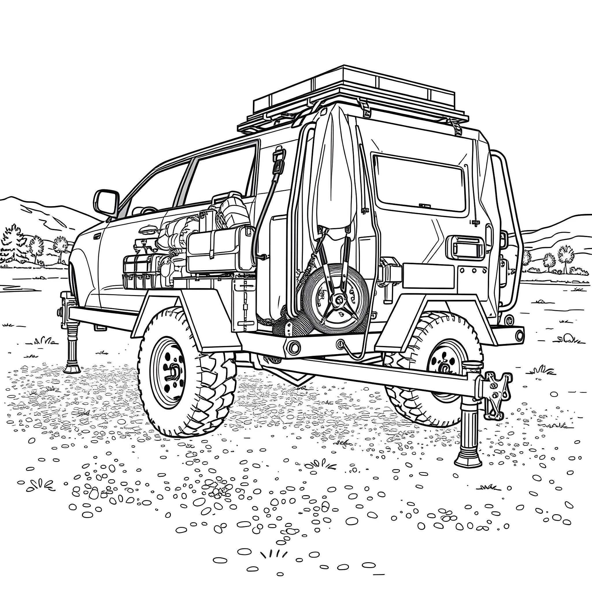 Car Trailer Exploring Rugged Landscape Coloring Page (free black-and-white line drawing printable PDF for all, from beginners to advanced learners, including children, teens, adults, and seniors)