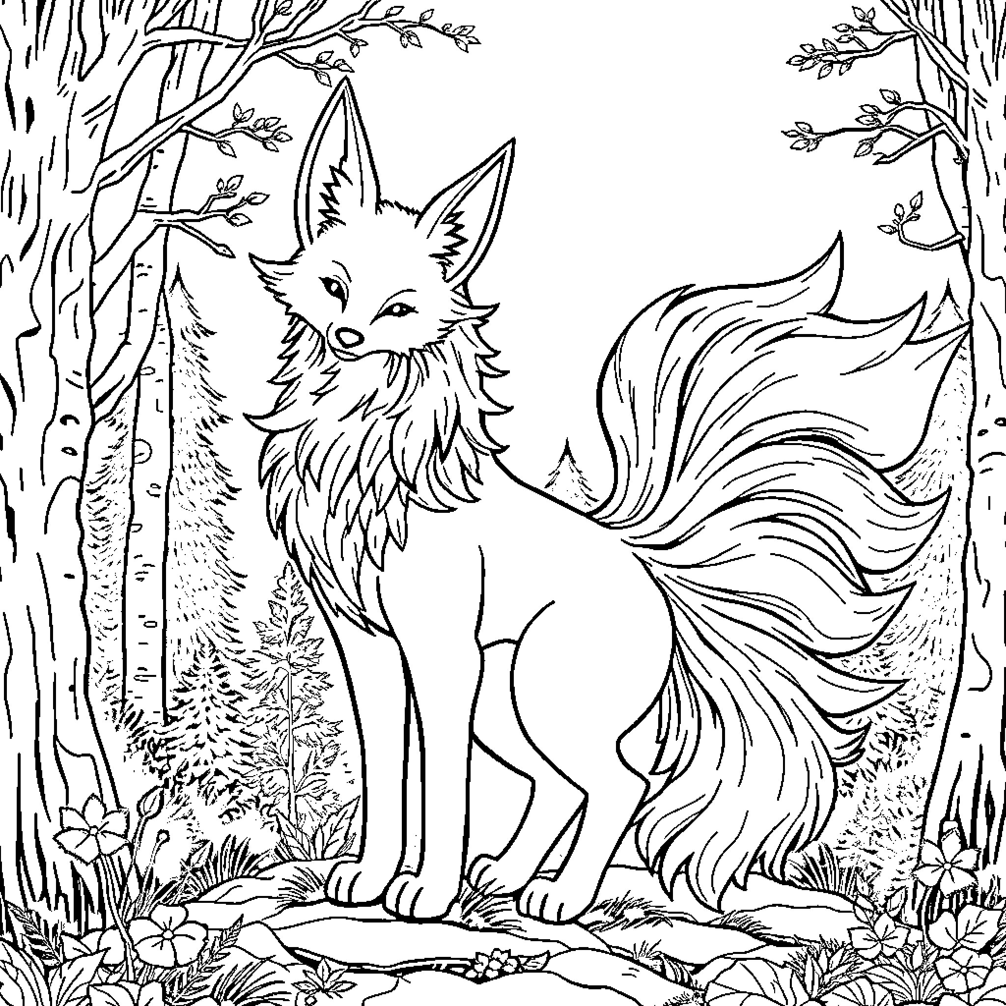 Gumiho in the Enchanted Forest Coloring Page (free black-and-white line drawing printable PDF for all, from beginners to advanced learners, including children, teens, adults, and seniors)