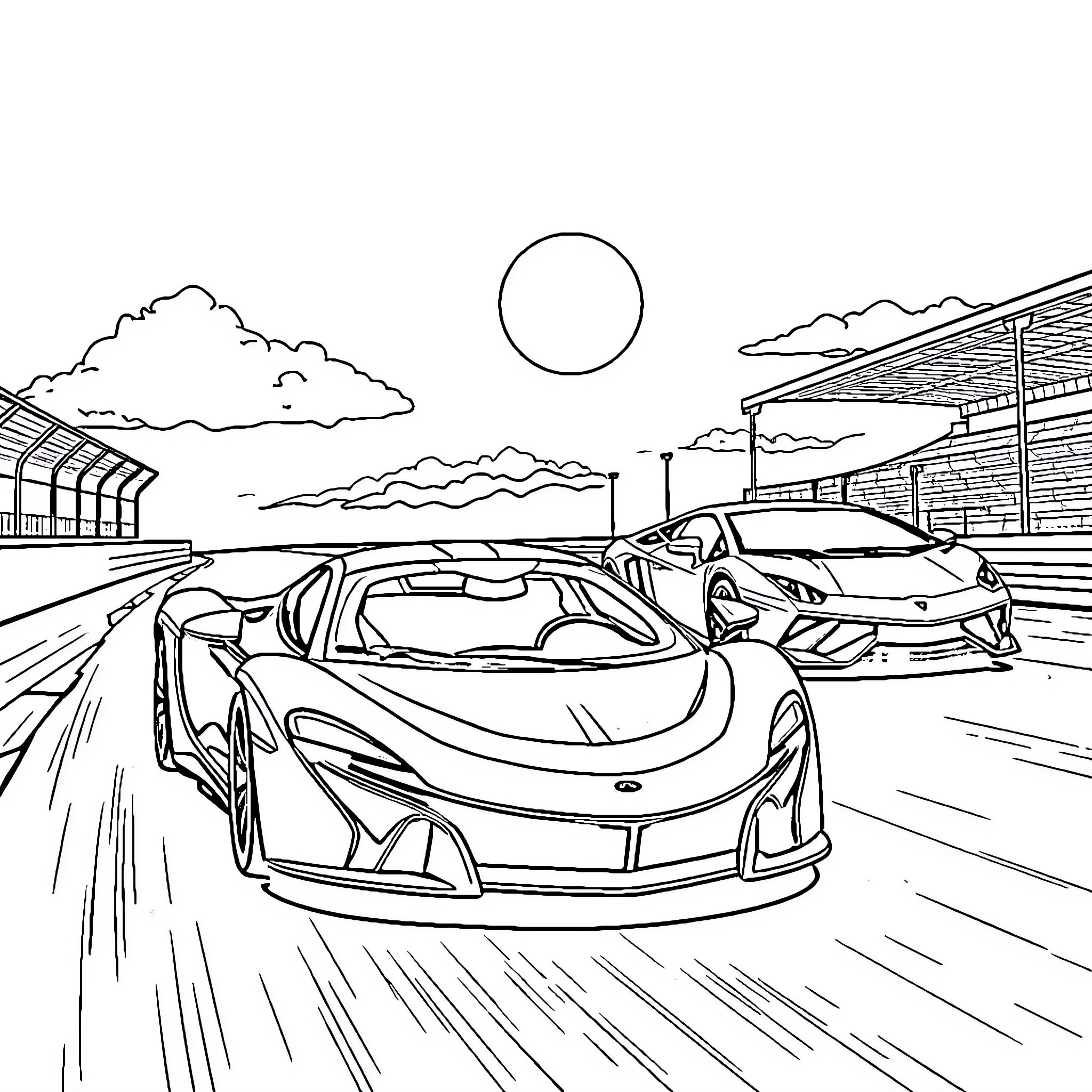 Cars racing on the track under the sun Coloring Page (free black-and-white line drawing printable PDF for all, from beginners to advanced learners, including children, teens, adults, and seniors)